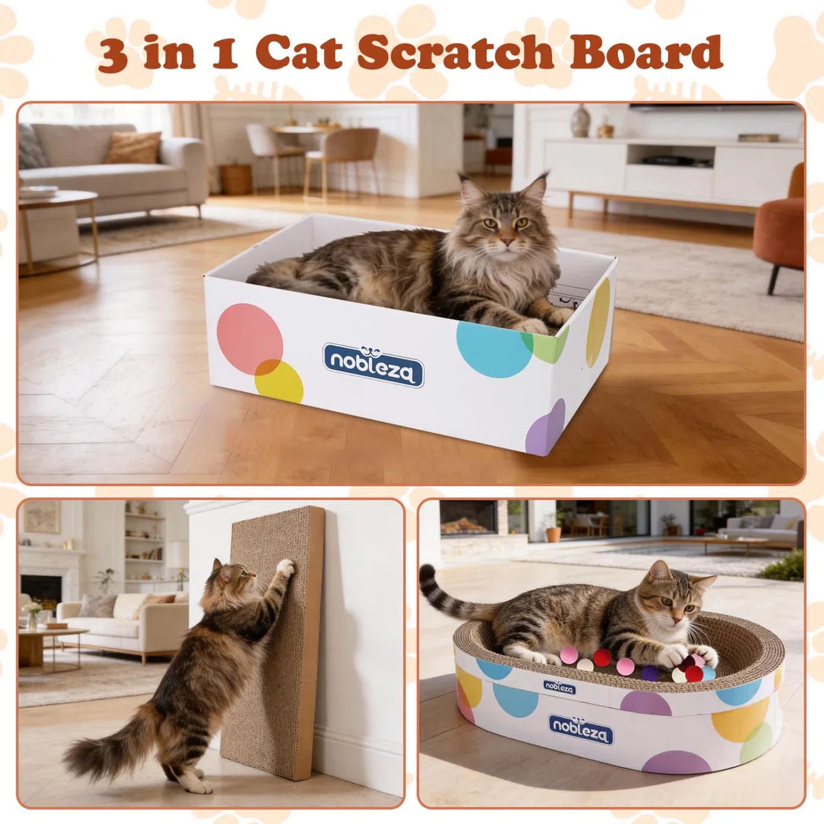 Nobleza Tiragraffi per Gatti 4 in 1 di Cartone Ondulato, Include Cuccia Ovale, Tavola Graffiatoio Piatta, Scatola di Cartone, Palline Giocattolo e Erba Gatta