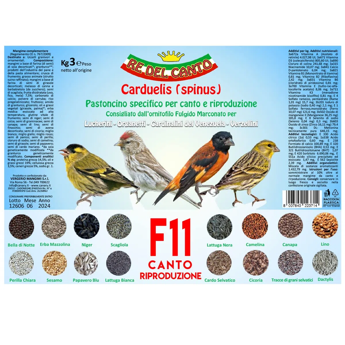 F11 Canto e Riproduzione - 1 Pack da 3kg - Pastone+Miscela Semi - Alimento per cardellini, lucherini, organetti, verzellini, cardinalini Venezuela, spinus, Mangime