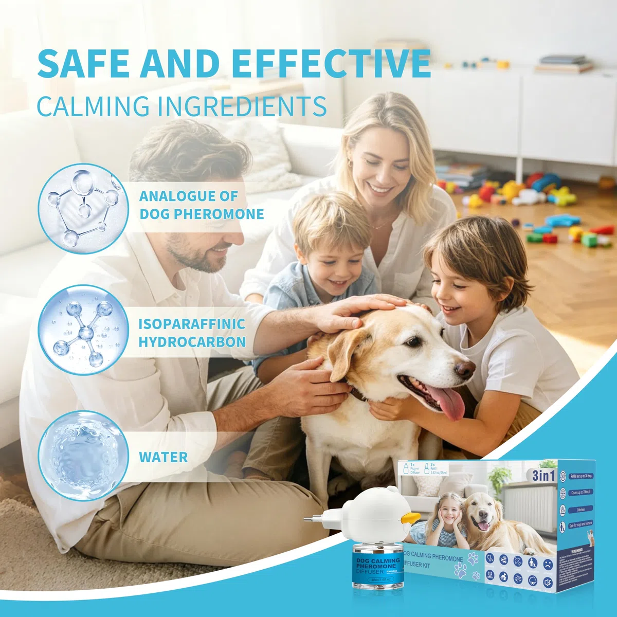 Calmante per Cani Diffusore + 2 Ricariche 48ml, Feromoni Tranquillanti Antistress, Ideale per Cani Ansiosi e Iperattivi, Riduce Stress ed Abbaio, Copertura Fino a 70 m²