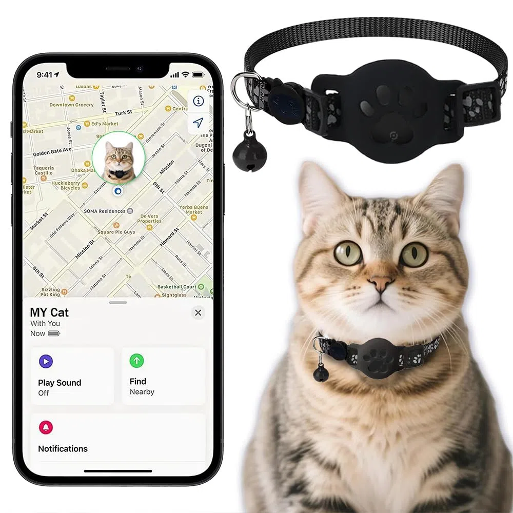 Collare Gps gatto, Gps per Gatti Senza SIM Senza Abbonamento, Localizzatore GPS per Gatto Funziona con apple Find My (solo IOS) (Collare + localizzatore nero)