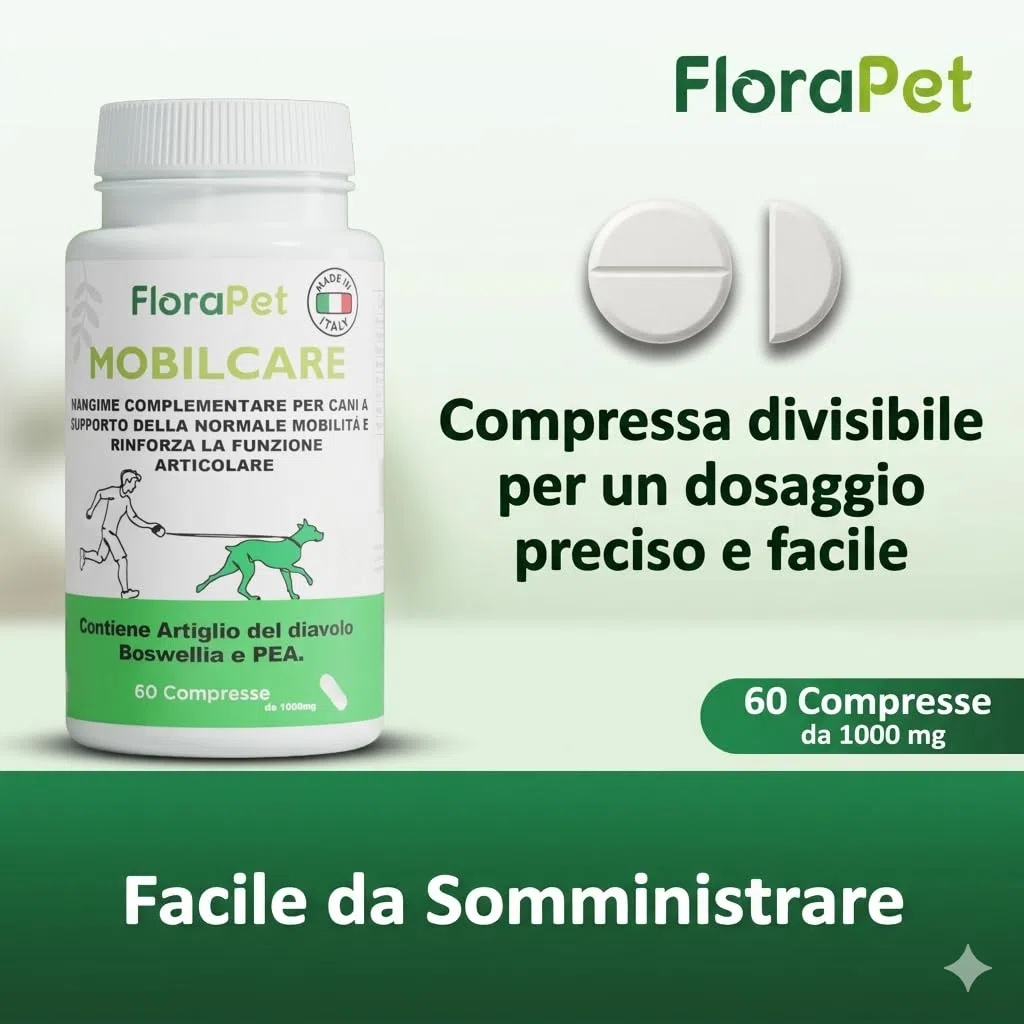 FloraPet Integratore Articolazioni Cane Anziano e Adulto, Formula Vegetale con Artiglio del Diavolo, Boswellia, Curcuma, PEA e Omega 3, Ossa e Mobilità, 60 Compresse Made in Italy