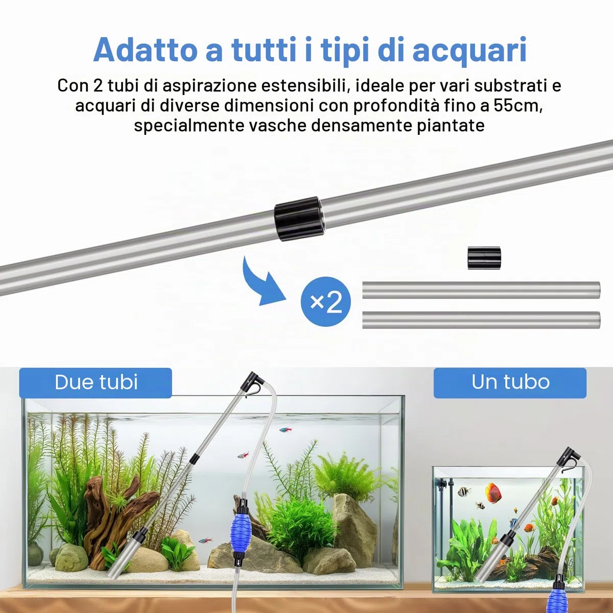 Cambio dell'acqua dell'acquario, pulizia dell'acquario, kit per la pulizia della ghiaia dell'acquario con flusso d'acqua regolabile per la pulizia della sabbia (S-per profondità fino a 55 cm)