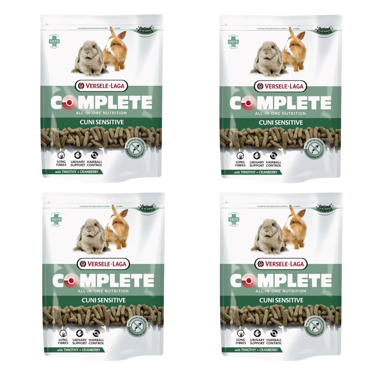 Versele-Laga Complete Cuni Sensitive | Confezione da 4 | 4 x 500 g | Mangime completo per conigli | Supporta i boli di pelo | Pellet tutto in uno | Sviluppato da veterinari