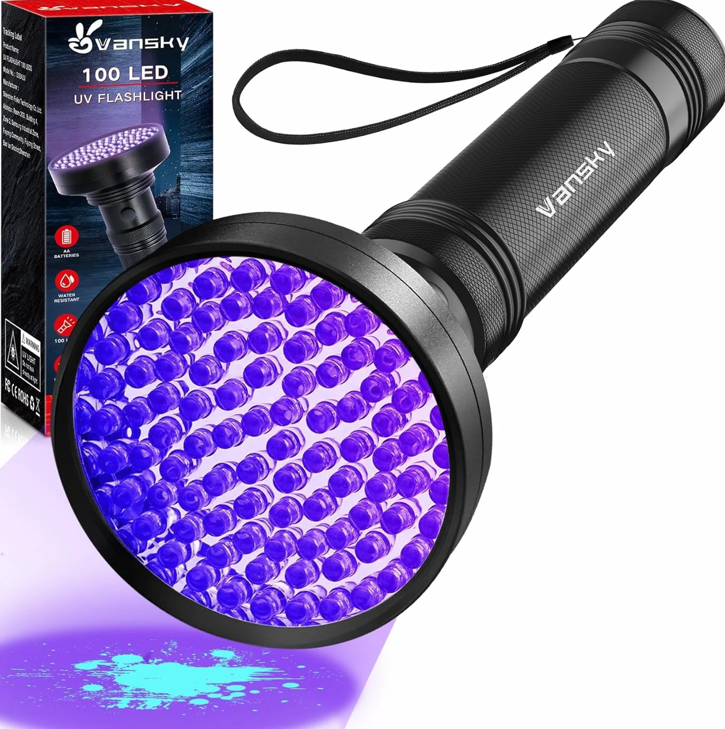 Torcia a raggi ultravioletti con luce UV, 100 LED, 395 nm, rilevatore di macchie di urina per gatti secchi/cani che curano la resina UV, pulizia della torcia OCD, ricerca di palline da golf/scorpioni