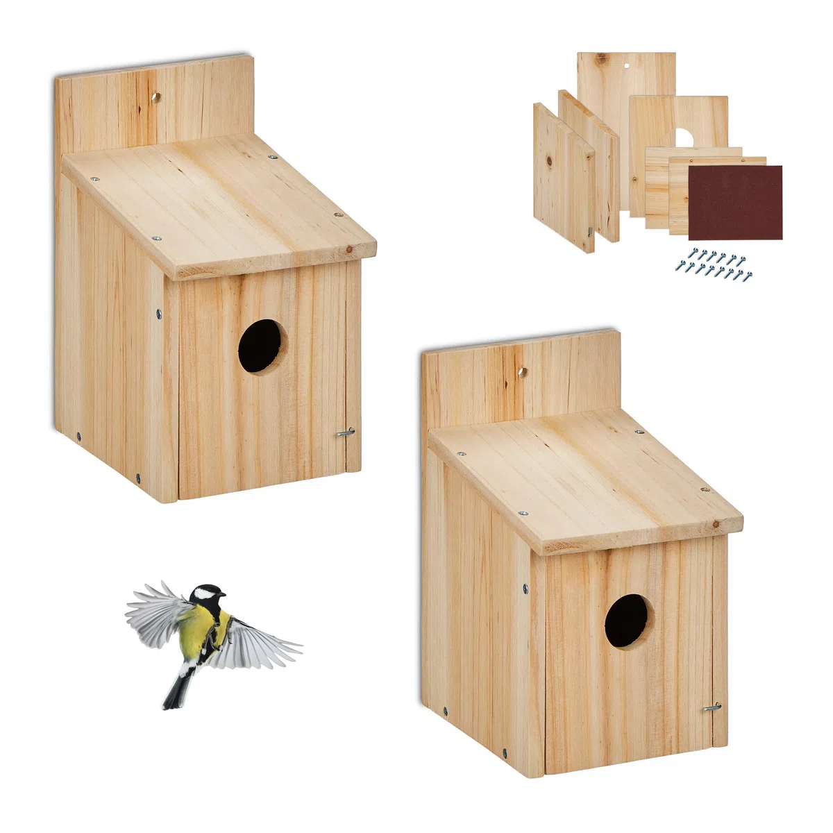 Relaxdays Casa per Uccellini, Set 2 Casette Nido Appesa in Kit DIY, Sportello, Foro 35 mm, 23x14x18 cm, Legno, Naturale