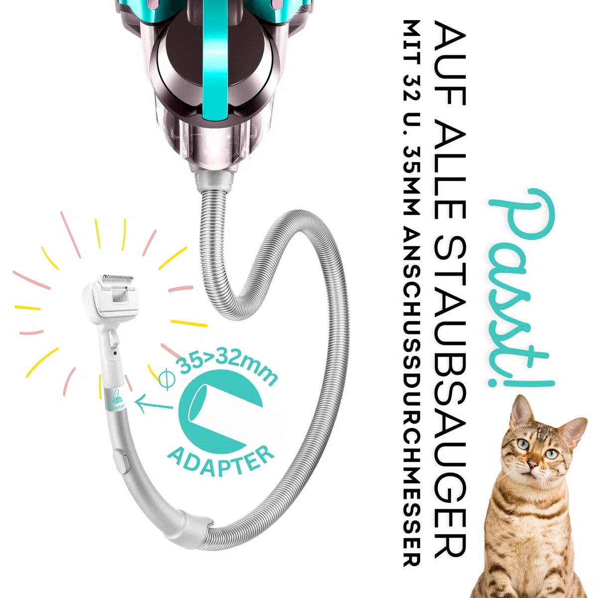 SAFE 'N CLEAN Spazzola per peli di animali domestici, set 3 in 1, compatibile con Dyson Miele Siemens Rowenta AEG Kärcher con adattatore per tutti gli aspirapolvere Ø 32 mm 35 mm