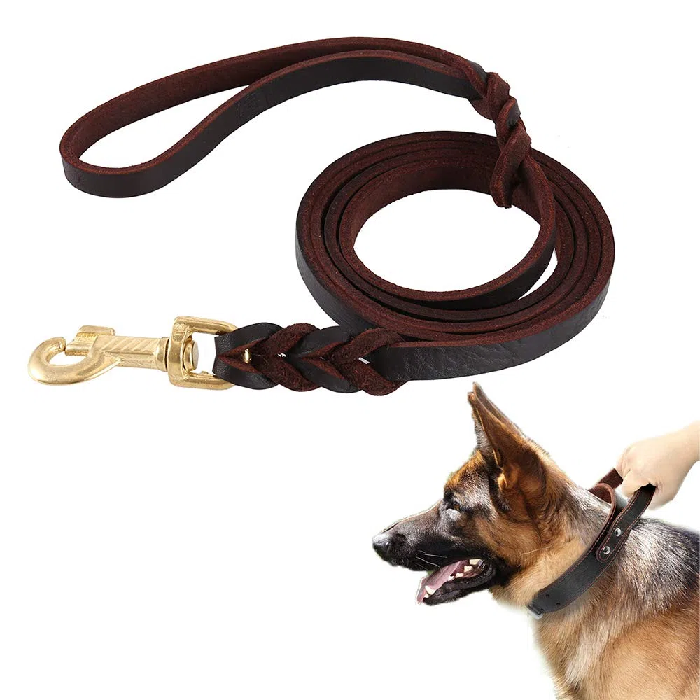 Guinzaglio per Cani Lunghezza 3 Metri in Vera Pelle Mano Marrone Intrecciata per Cane o Medio Regolabile di Addestramento (2 m)