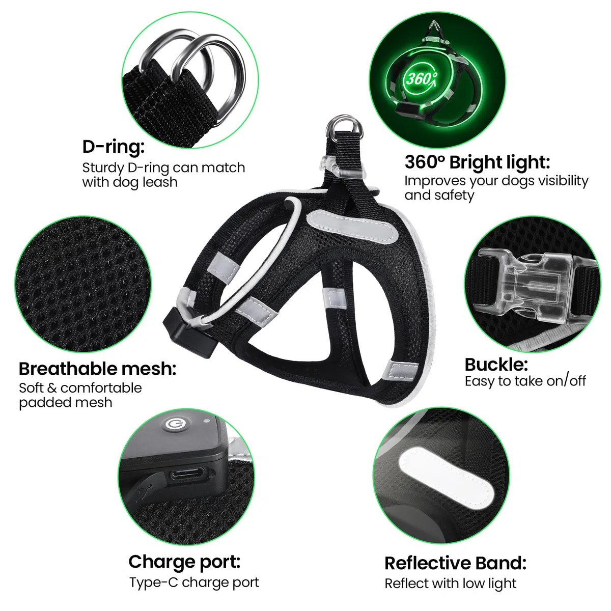 Imbracatura per Cani con Luci LED, Imbracatura Riflettente Ricaricabile per Cani, Impermeabile con Luci Lampeggianti per Cuccioli di Piccola Taglia e Cani Medi con 9 Modalità di Illuminazione per