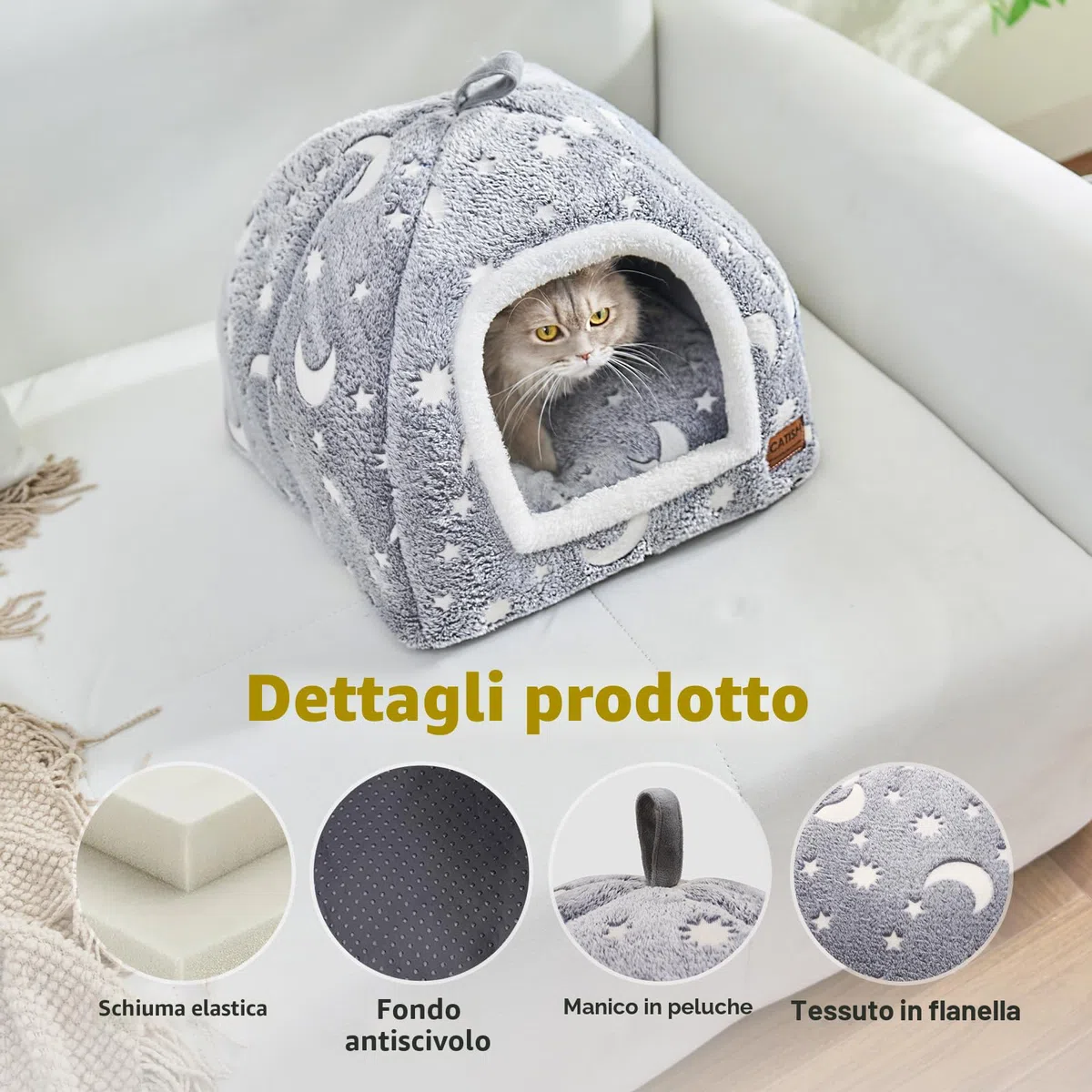 CATISM Luminosa Cuccia Gatto Interno - 2 in1 Cucce per Gatti 40 x 40 x 38 cm, Pieghevole, Lavabile e Confortevole con Cuscino Rimovibile per Gatti, Animali Domestici