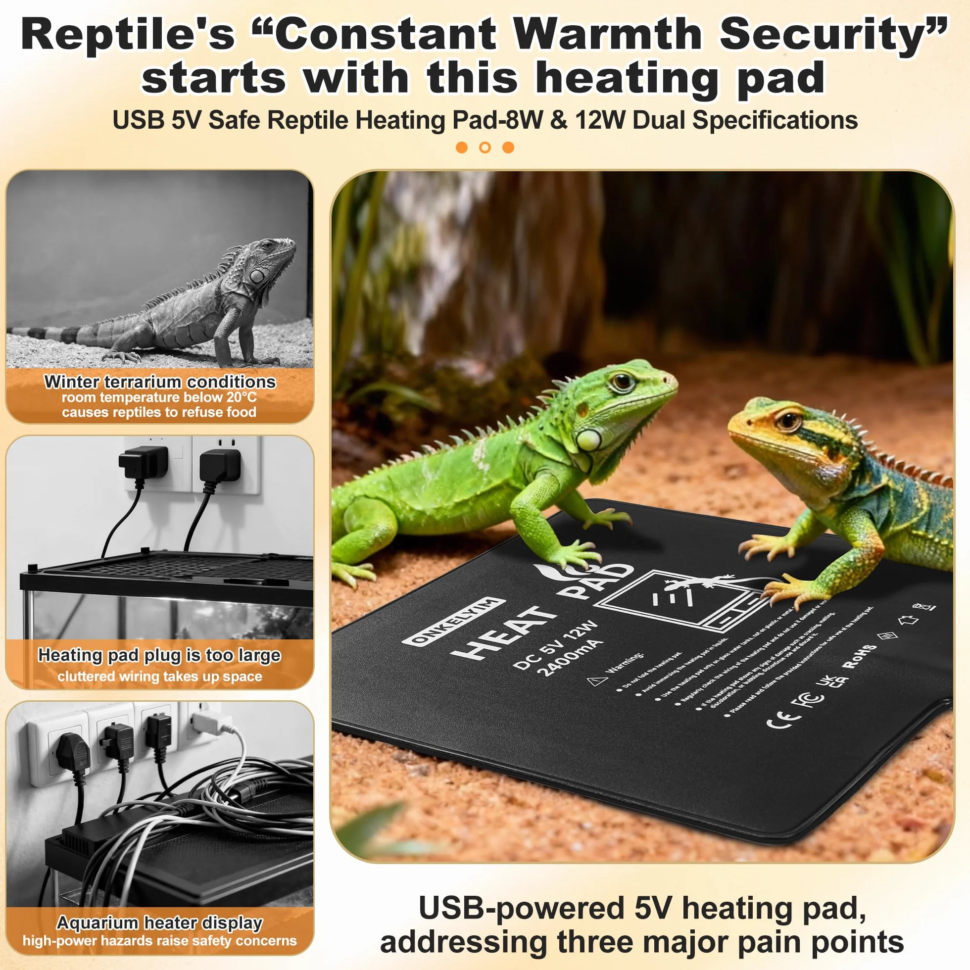Tappetino Riscaldanti Rettili Regolabile, 20x20CM Ricarica USB, Adesivo Forte per Tartaruga Serpenti Lucertola Geco Granchio Eremita Anfibi - Tappetini Riscaldanti sotto la Vasca(12W)