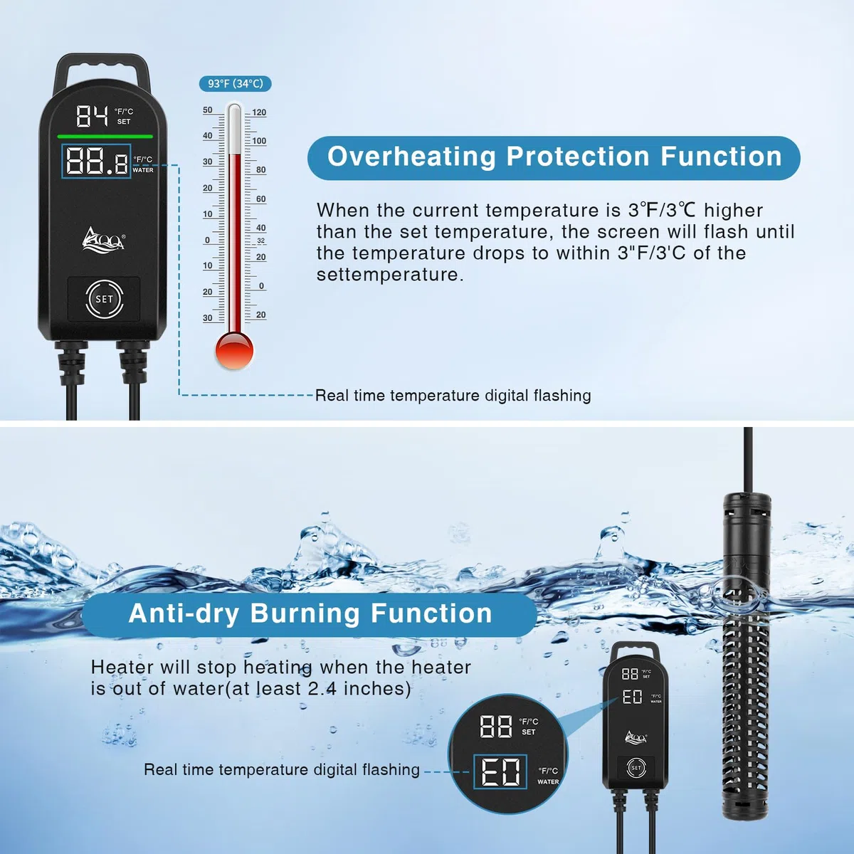 AQQA Riscaldatore per acquario, 300W/500W/800W/1000W/1200W riscaldatore ad immersione per acquari con display digitale LED e protezione da sovratemperatura, per acquari di acqua salata e dolce