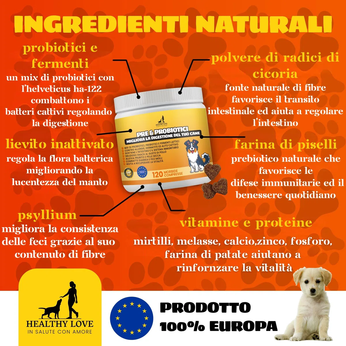 HEALTHY LOVE Probiotici per Cani, 120 Morbidi Snack Salutari, Appetibilità Unica, Fermenti Lattici Cane Per Migliore Digestione, Ebook, Probiotici Cane Contro Prurito e Diarrea, Probiotico Cani 240g