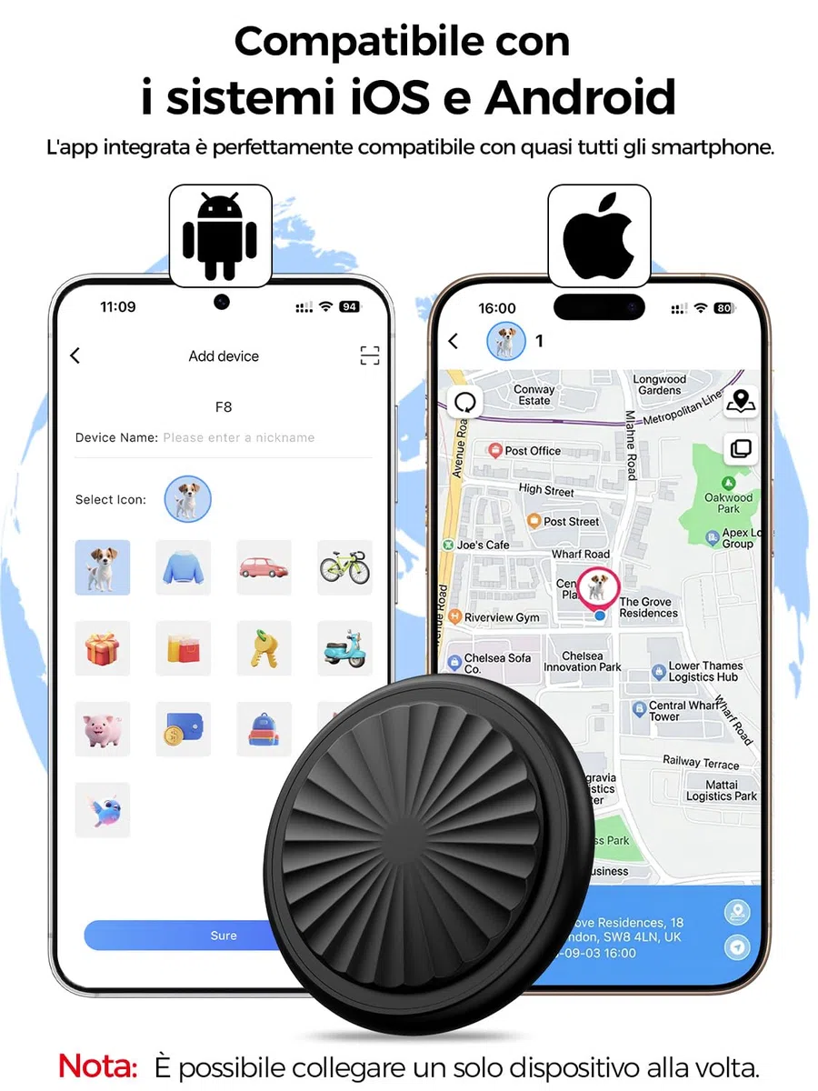 Collare GPS Gatto, GPS per Cani, Localizzatori GPS per Cani e Gatto Compatibile con iOS e Android, Nessun Abbonamento, Posizionamento Globale in Tempo Reale, Impermeabile IP67, per Animale Domestico