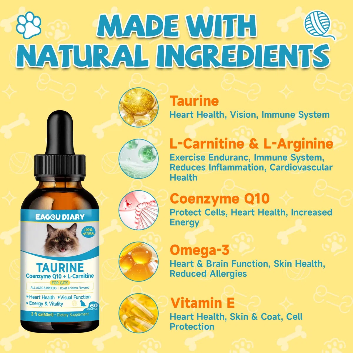 Taurina per Gatti Gocce – Integratore Taurina per Gatti, Felina Cardiaca e Vista, Immunitaria, l'Energia e Vitalità, Coenzima Q10, L-Carnitina, L-Arginina, Vitamine, Liquida Gatto Taurina, 60ml