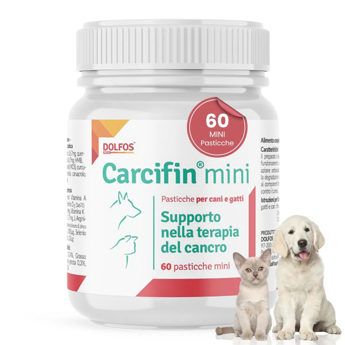 Dolfos Carcifin 60 Mini Compresse, Integratori per Cani Supporto Oncologico con Curcumina e Quercetina, Integratori per Cani Terapia Antitumorale e Sistema Immunitario