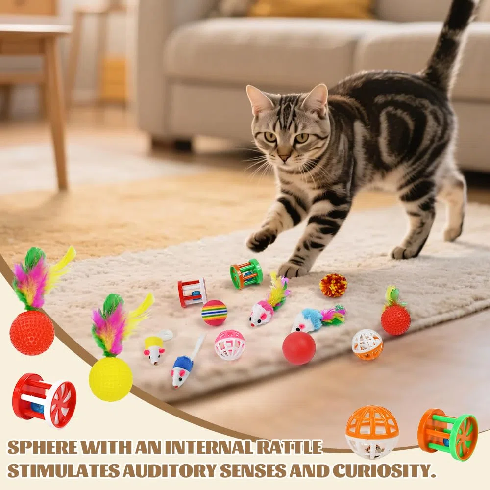 Set di Giocattoli per Gatti con Tunnel,22 Pz Giochi per Gattini,Gioco Gatto da Interno Set con Topi,Bacchetta di Piume Palline e Campane ecc per Gattini, Cuccioli