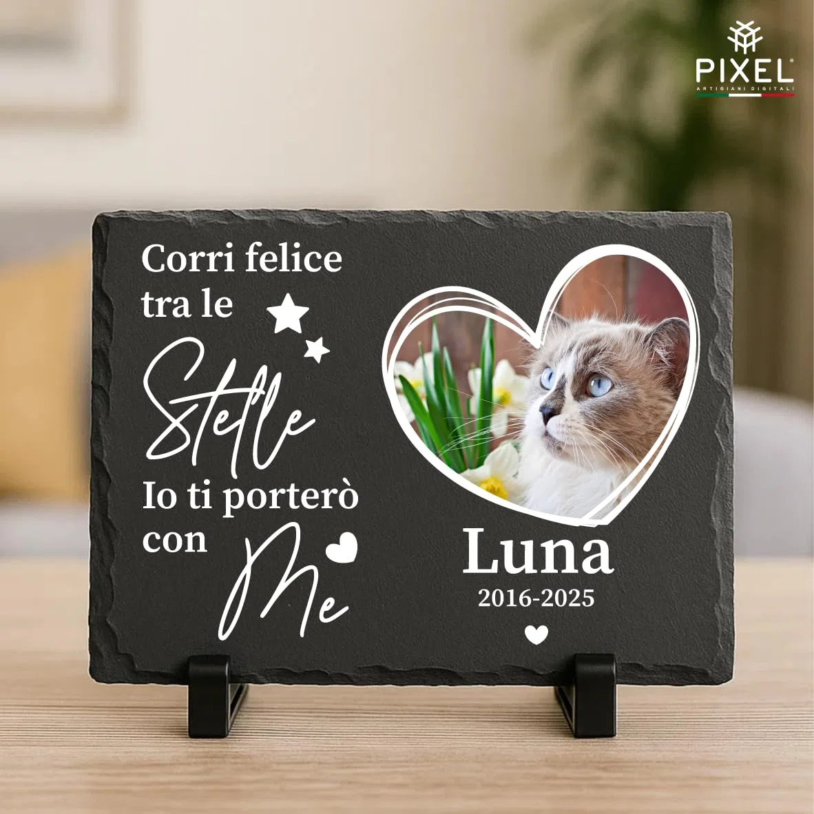 Pixel Cuore Ardesia Personalizzato con Foto e Frase | Targa Commemorativa Animali Domestici | Memoriale Cane Gatto con Immagine | Regalo Lutto Pet (Rettangolare)
