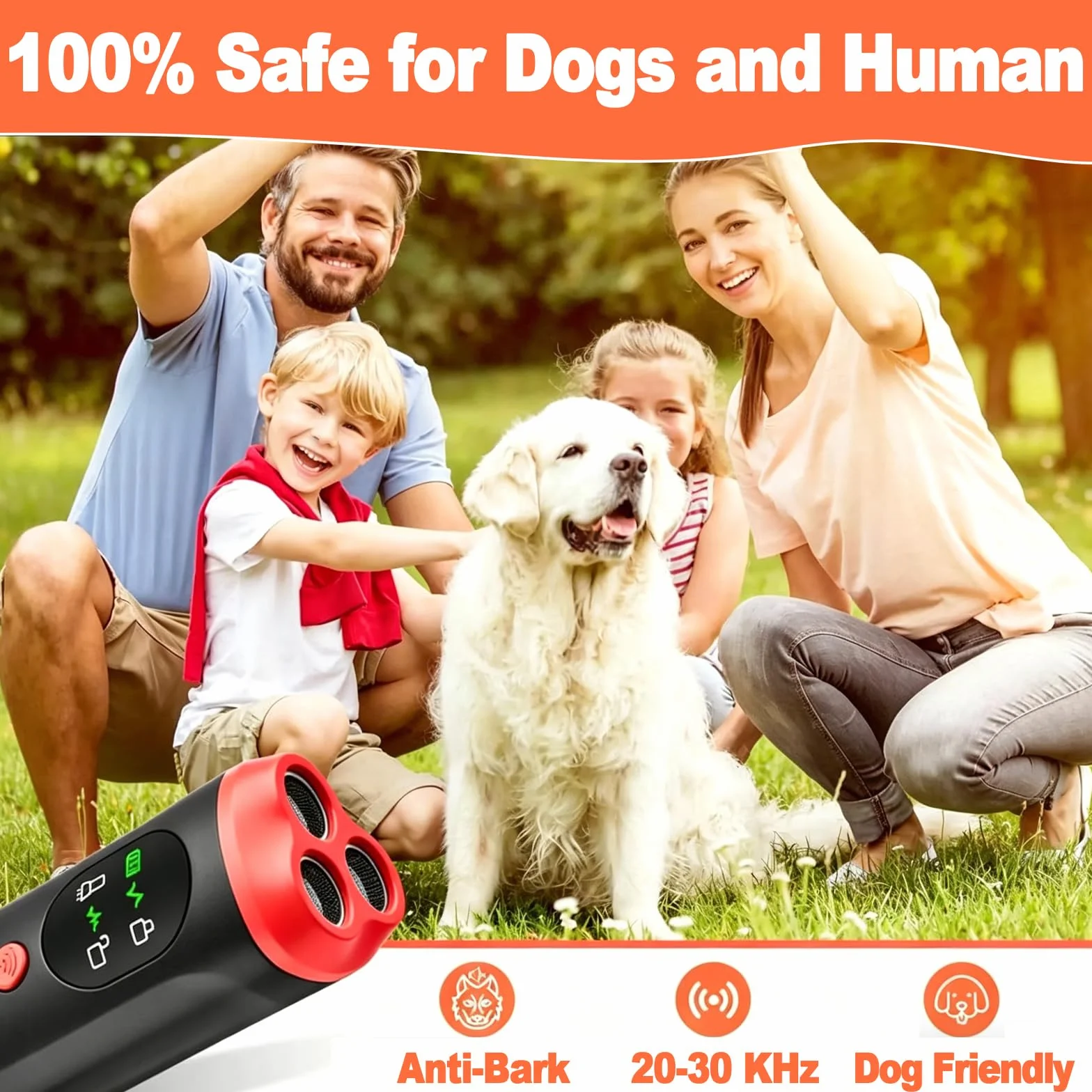 Dispositivo anti-abbaio per cani, deterrente per l'abbaio ad ultrasuoni, portata 10,7 m, dispositivo di controllo dell'abbaio ricaricabile con display HD e torcia a LED, sicuro per cani di