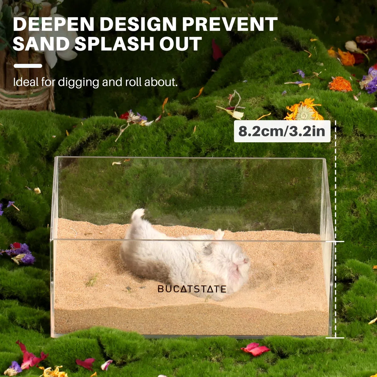 BUCATSTATE Contenitore per vasca di sabbia per criceti con scala - Doccia in acrilico e lettiera per scavi per topi Lemming Gerbilli Piccoli animali (a forma di rettangolo)