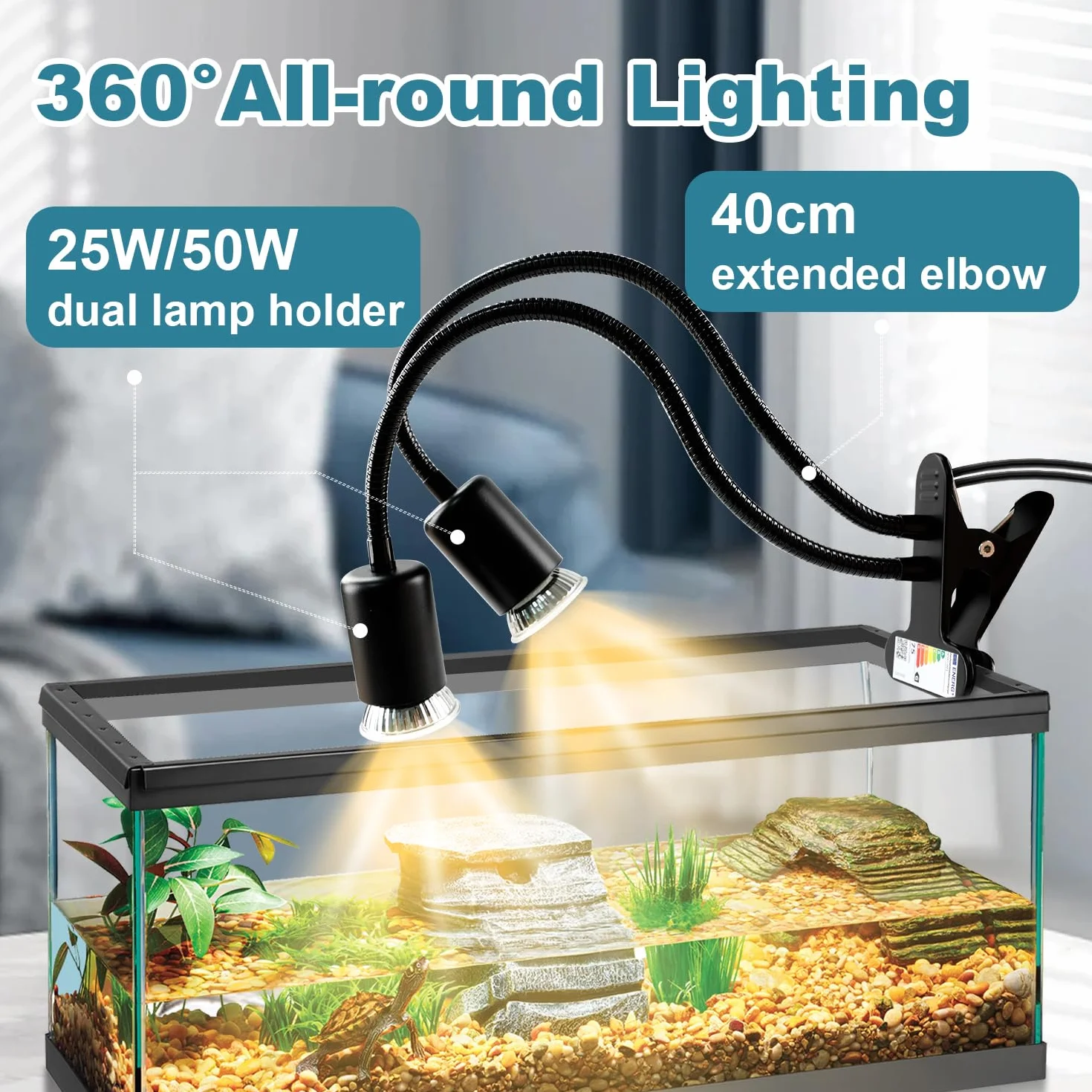 Lampada Riscaldante Tartarughe a Due Teste, 25W+50W Lampada Tartarughe Acqua E27, UVA+UVB Lampadas Riscaldante Rettile con Interruttore Timer Regolabile per Tartarughe Rettili Lucertole (Nero)