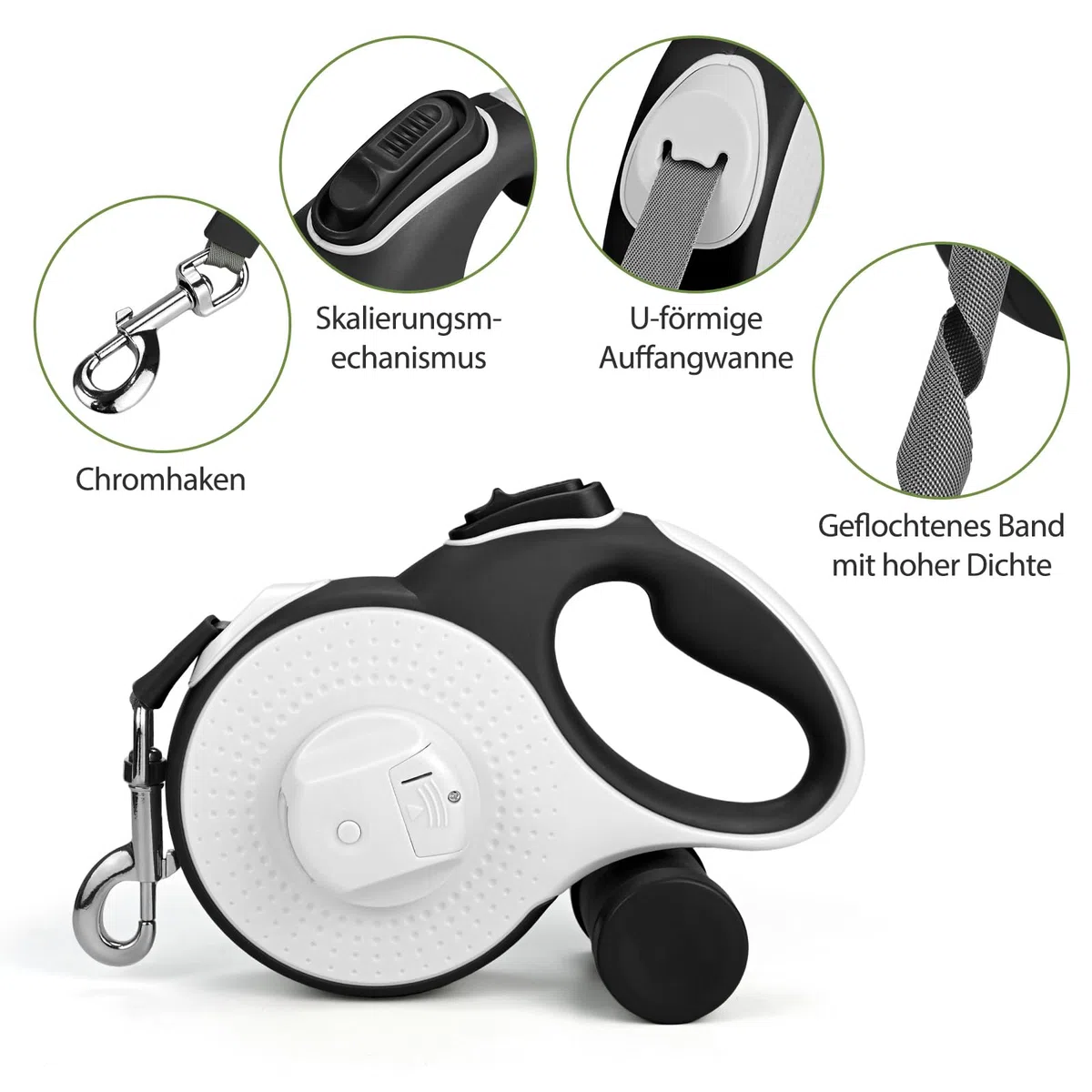 Guinzaglio per cani da 8 m, con luce LED e supporto per borsa, guinzaglio senza nodi, pulsante del freno rapido e impugnatura antiscivolo, per cani fino a 50 kg, shopping, allenamento, viaggi