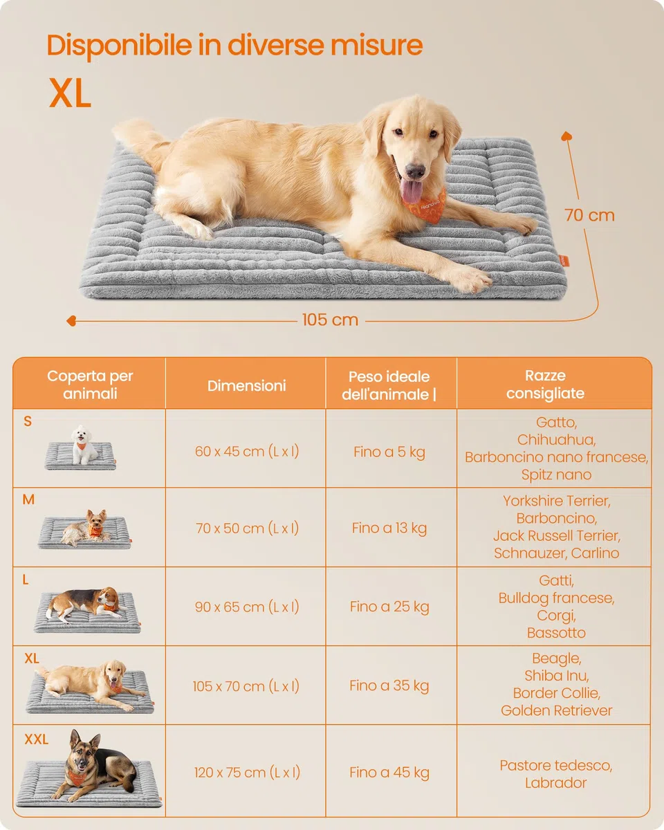 Feandrea Coperta per Cani, XL, 105 x 70 cm, Coperta per Animali Domestici, Utilizzabile da Entrambi Lati, Copridivano per Cani e Gatti Lavabile in Lavatrice, Grigio Tortora PPB044GD01