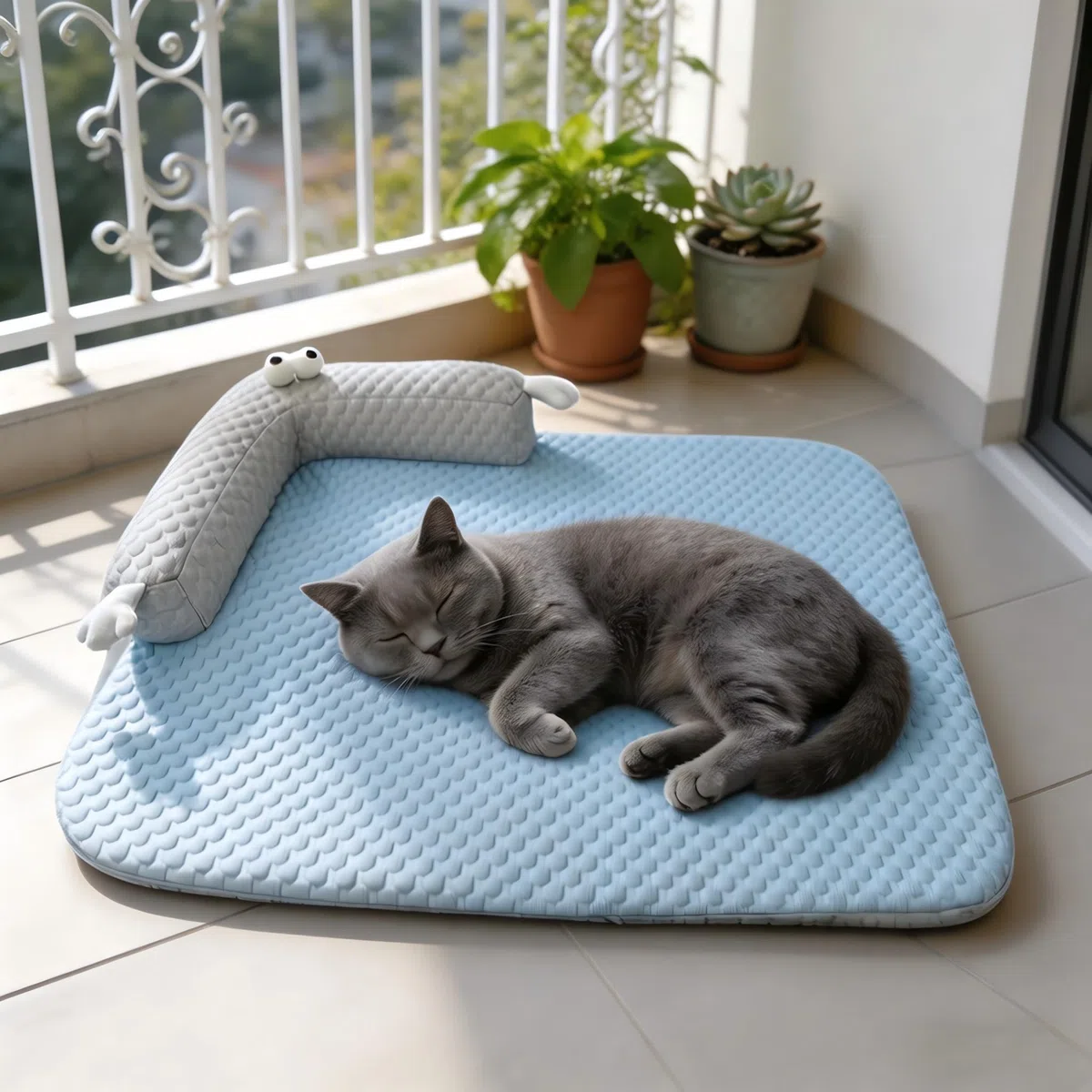 Tappetino refrigerante per cani e gatti, 60 x 45 cm, con cuscino a forma di U, cuccia rinfrescante, lavabile, tappetino rinfrescante senza acqua/elettricità (blu, 55 x 40 cm)