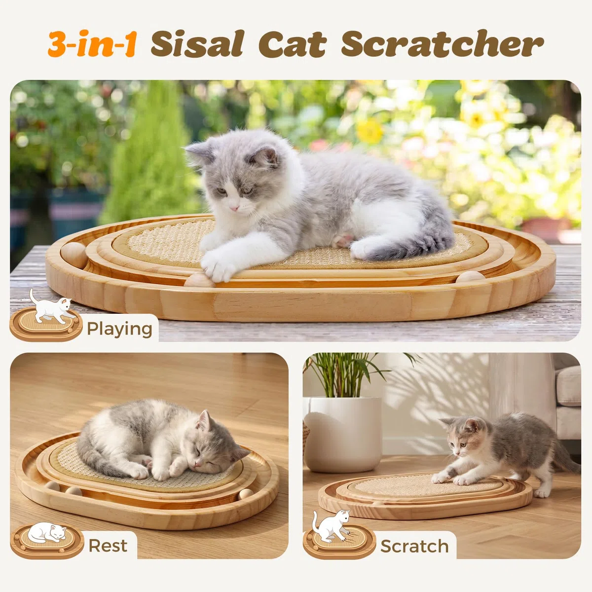 Gimars Tiragraffi Ovale per Gatti in Sisal Naturale, Gioco Interattivo 3-in-1 con Pista in Legno e Palline Ruotanti, Cuccia Letto e Tappetino Antiscivolo per l'Intrattenimento dei Gatti in Casa