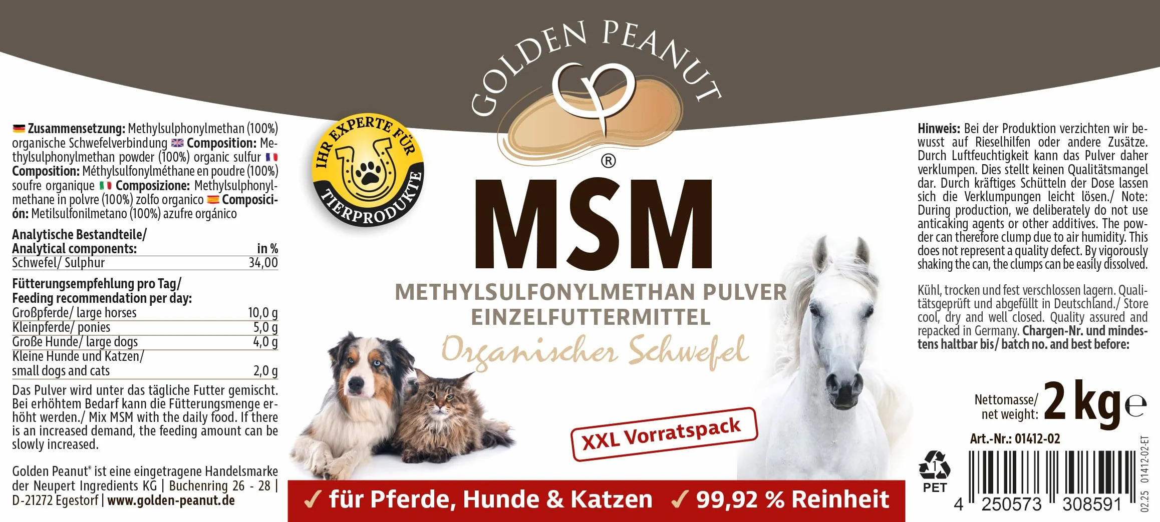 GOLDEN PEANUT MSM metilsulfonilmetano polvere 2 kg per animali, grado di purezza 99,92%, composto organico zolfo, senza ausilio