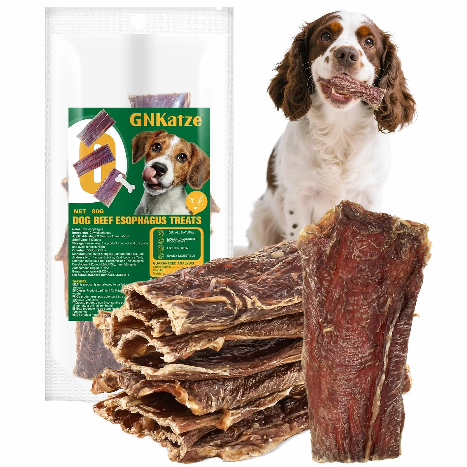 Snack per cani a base di esofago di manzo, snack masticabili naturali e salutari a ingrediente unico per cani, snack masticabili ad alto contenuto proteico e di lunga durata，80G