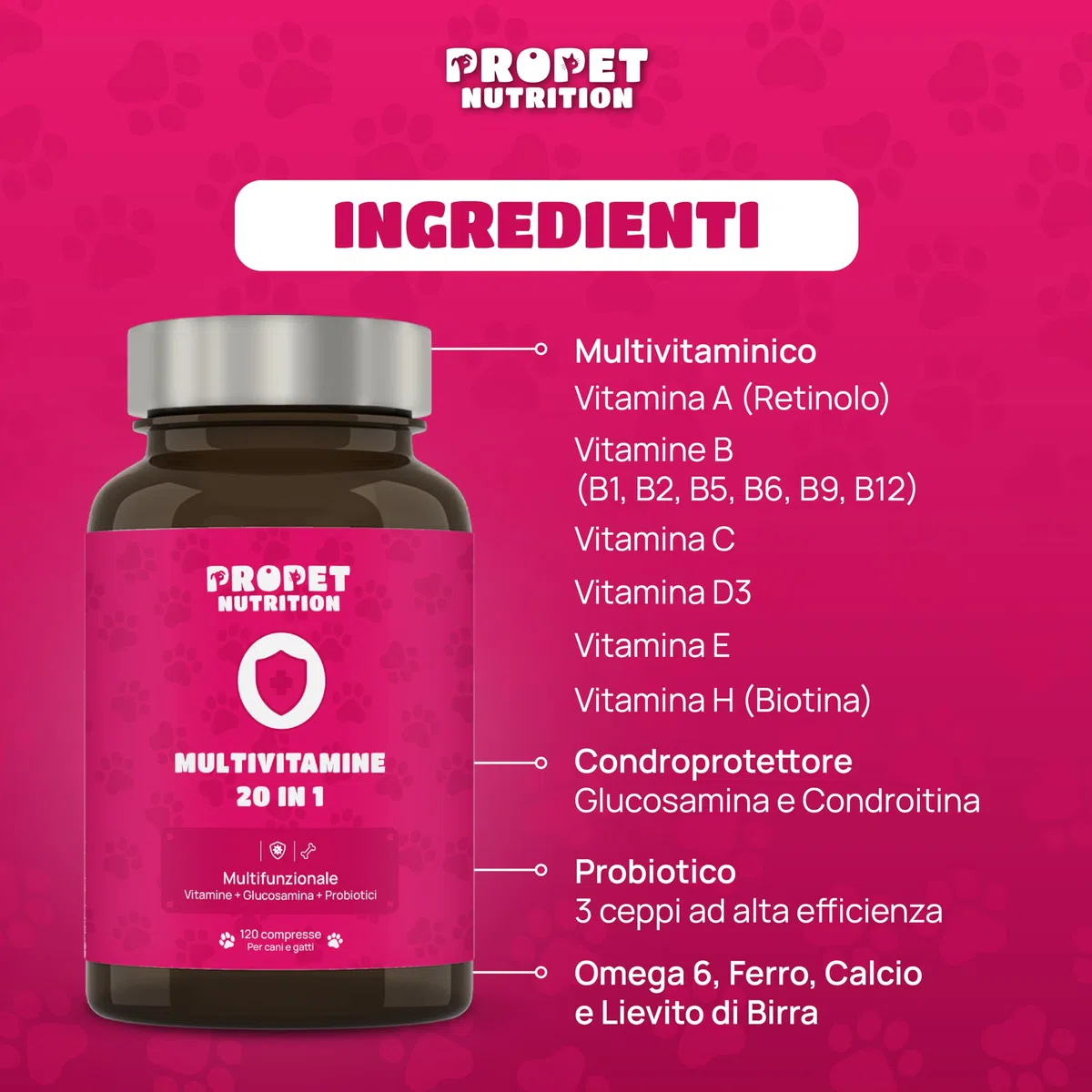 Vitamine per Cani e Gatti 20 in 1. Omega 6, Probiotici e Glucosamina. Integratore Completo Ricco di Vitamine A, B, C, H. Sistema Immunitario, Digestivo, Ossa, Articolazioni e Pelo. 100% Natural
