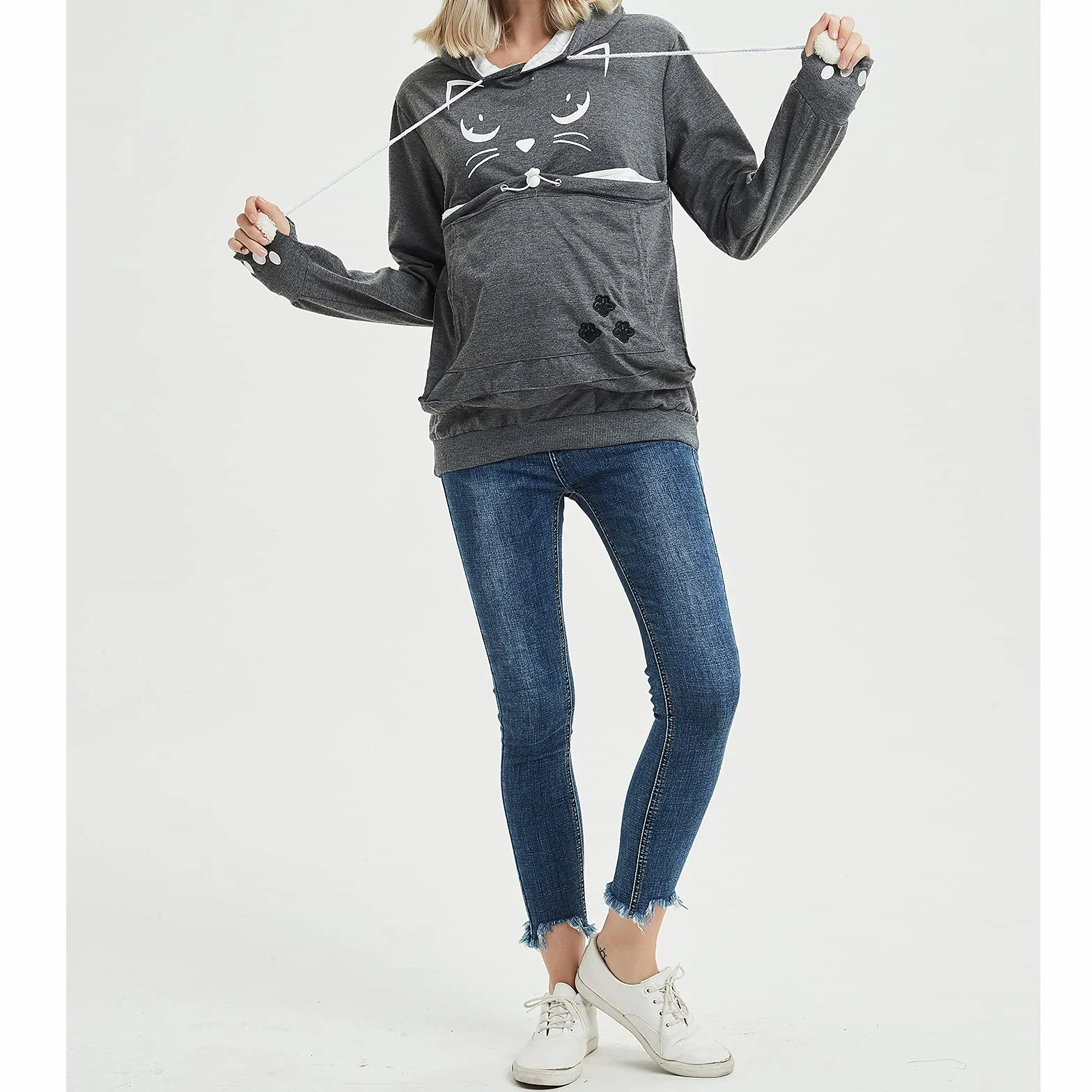 Donna Felpa con Tasca Moda Felpa con Cappuccio Sweatshirt Tasca Porta Gatti Cani E Animali Hoody Moda Felpe Casual Carrier Top Canguro Animale Domestico Cane Gatto Marsupio Grande Felpa con Cappotto