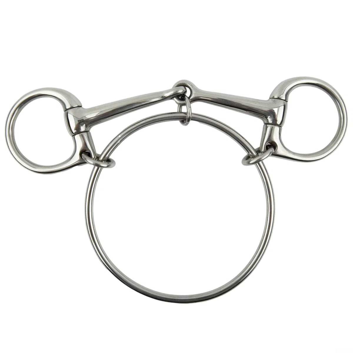 Morso per cavallo a mezza guancia realizzato in acciaio inossidabile con finitura liscia e punti di fissaggio funzionali ad anello