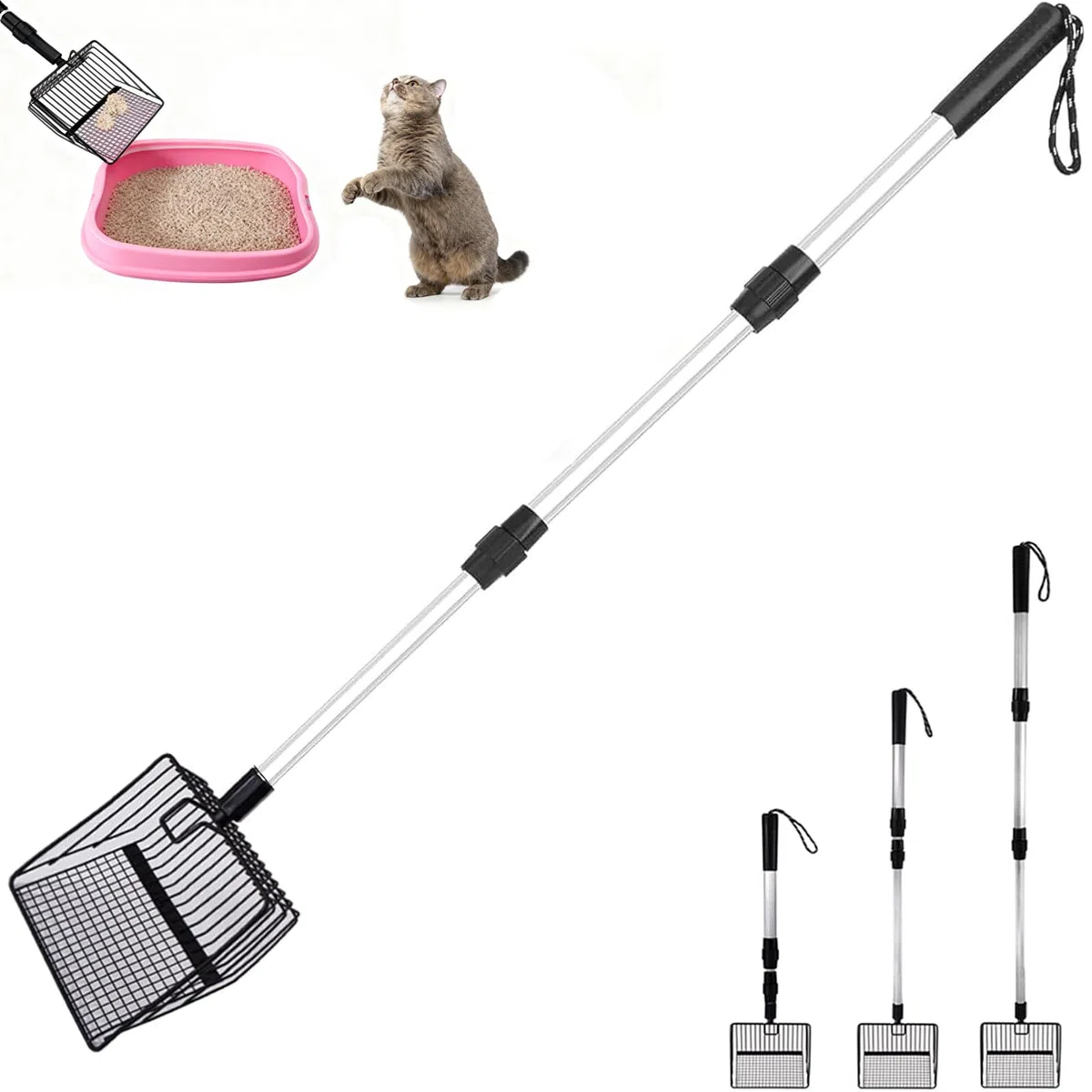 Paletta Lettiera Gatto,Paletta Per Lettiera Gatto Con Manico Lungo,Pala Per Gatti In Acciaio Inox Per Animali Domestici,Paletta In Metallo Con Pala Profonda,3 Lunghezze Regolabili 22,4in/30,3in/41,7in