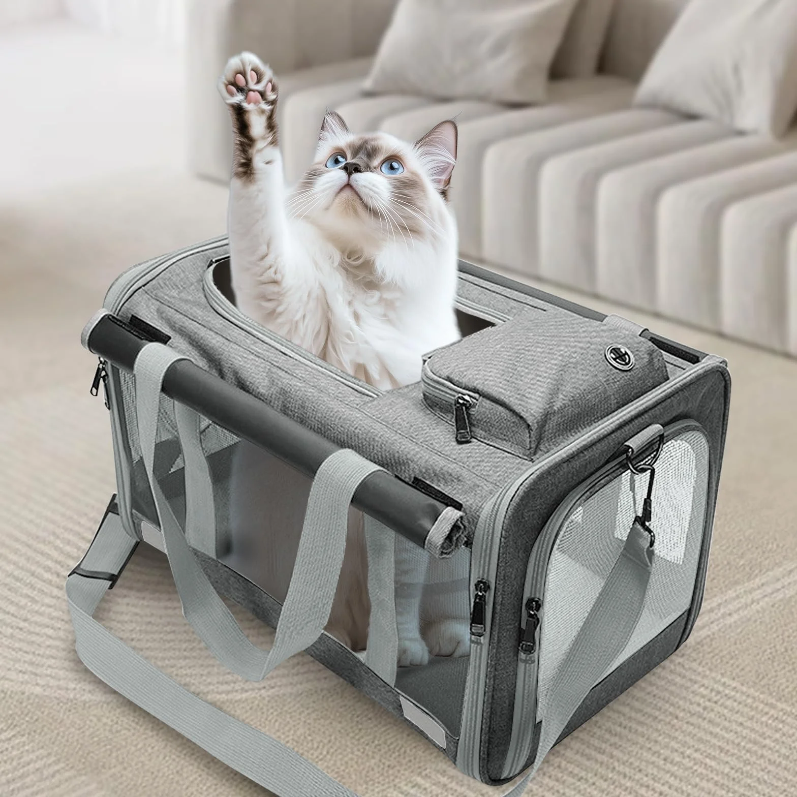 Trasportino per Gatti e Cani Faltabile – Tasche per Animali Fino a 9kg, 46×30×30cm, Con Protezione Privacy, Tasche e Rete Traspirante (Grigio Scuro)