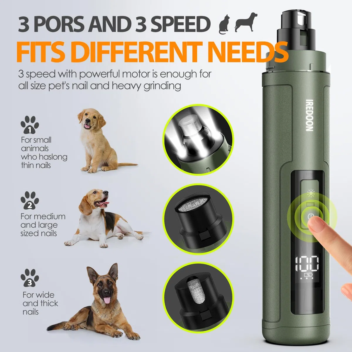 IREDOON Smerigliatrice per unghie migliorata per cani, lima elettrica professionale a 3 marce super silenziosa per animali domestici con 4 luci a LED, cura delle zampe e levigatura indolore per cani