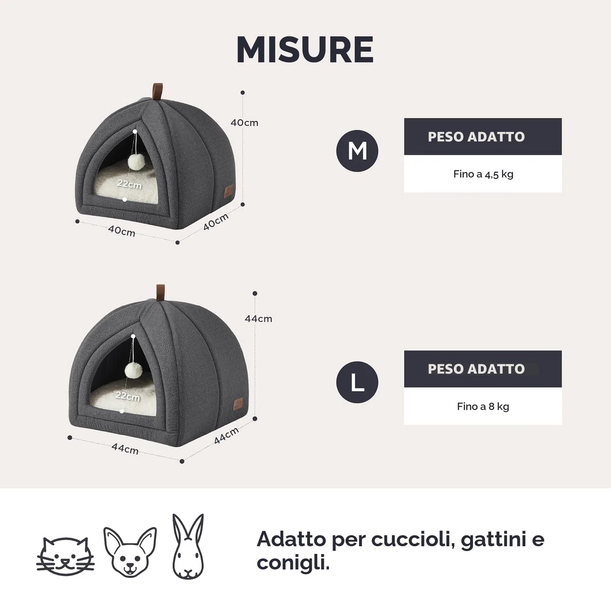 Bedsure Cuccia Gatti Tana Gatti - 40 x 40 x 40 cm Casa per Gatti da Interno con Cuscino Sherpa Rimovibile e Giocattolo Appeso, Cuccia Lavabile, Grigio Scuro