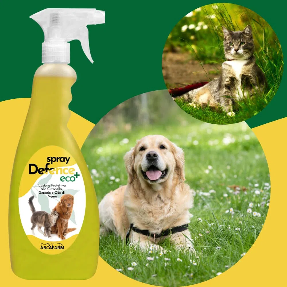Repellente Naturale Spray per Cani Gatti alla Citronella Geranio Olio di Neem 750 ml Defence Eco+, Zanzare Mosche Insetti, Protezione Tripla Azione Immediata, 100% Made in Italy