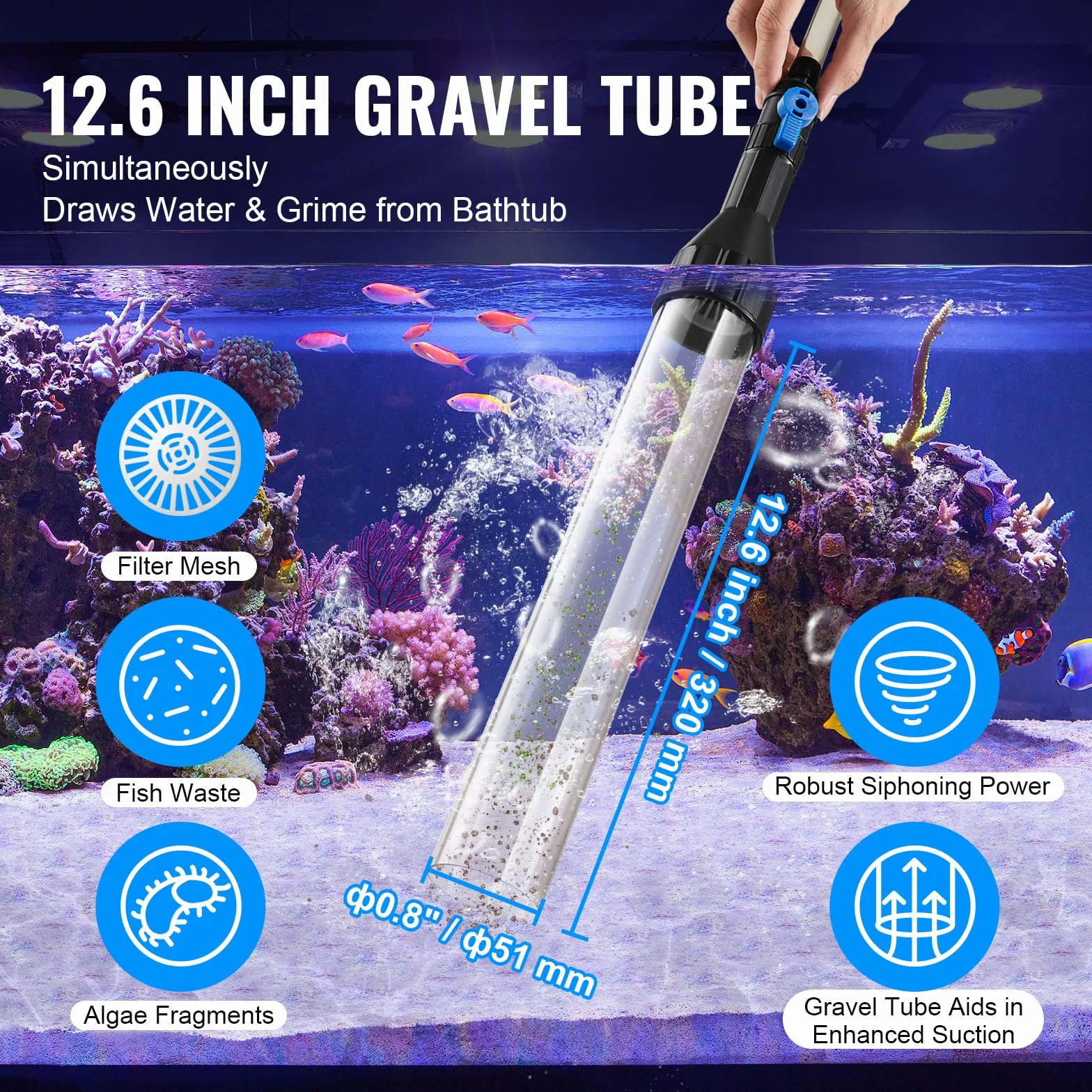 VEVOR Aspiraghiaia per Acquario 15640 x 220 x 58 mm Tubo in PVC 15,2 m Detergente Ghiaia per Acquari, Aspirapolvere Acquario con Sifone, 3 Tipi di Adattatori in Ottone, per Pulizia di Ghiaia, Sabbia