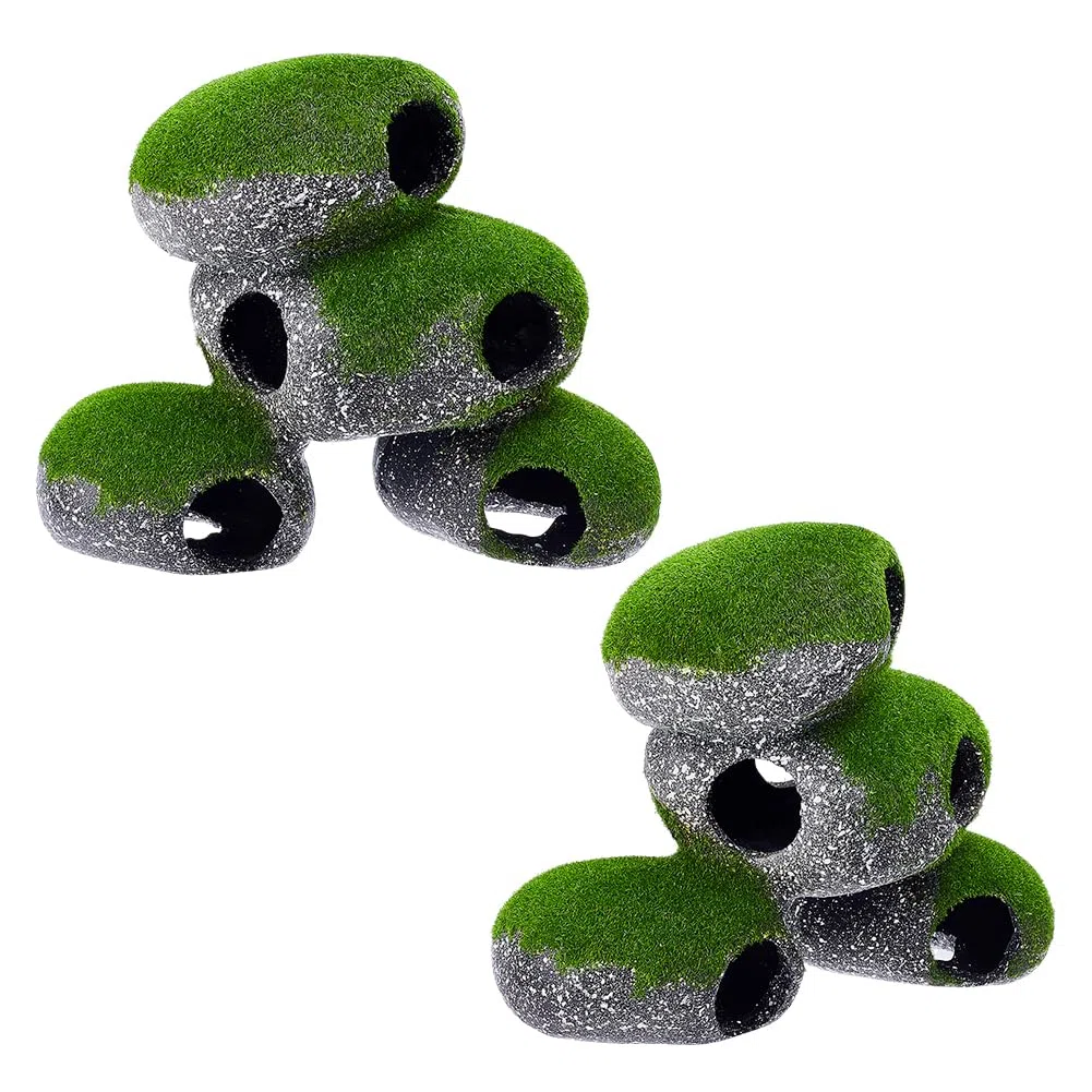 2 grotte di roccia per acquario con muschio artificiale, 8,9 x 18,3 x 14,9 cm, decorazioni per acquario, roccia con design cavo, per decorazione e habitat