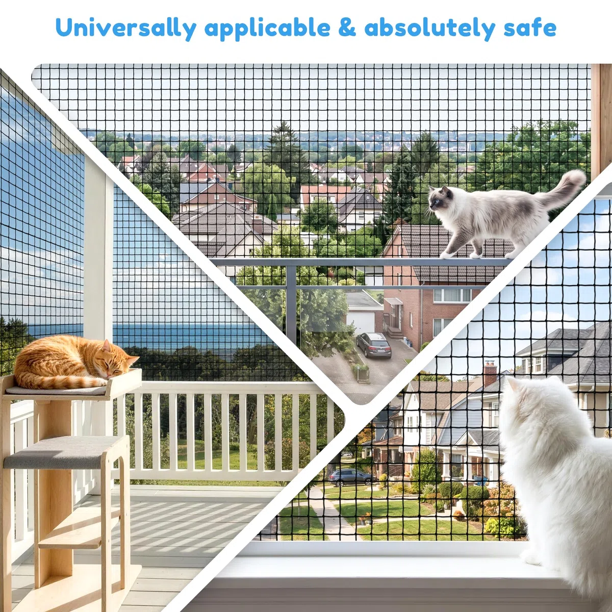 Rete per Gatti Balcone 4×3 m,6×3m,Rinforzata con Filo d'Acciaio, Senza Perforazione, Anti-Morso, Resistente allo Strappo e ai Raggi UV, per Terrazzo, Include Corda di Fissaggio e Chiodi(4 * 3)