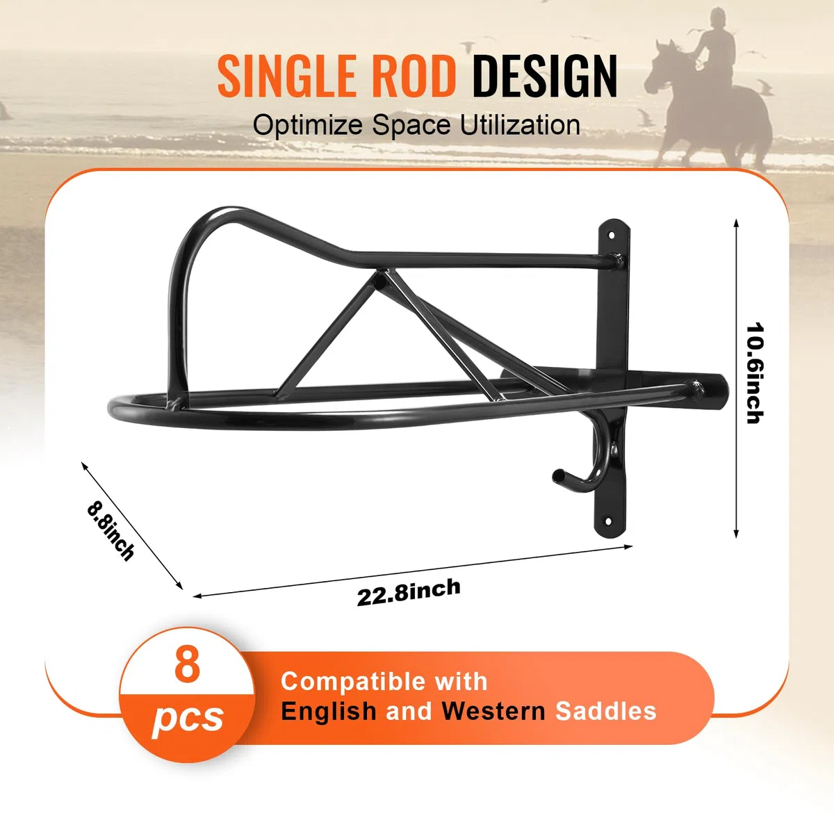 VEVOR Portasella a Parete 580 x 223 x 270 mm Portasella per Cavalli da 8 Pezzi con Barra Imbottita, Supporto per Sella Portatile per Selle Inglesi Occidentale, Deposito per Finimenti per Cavalli, Nero