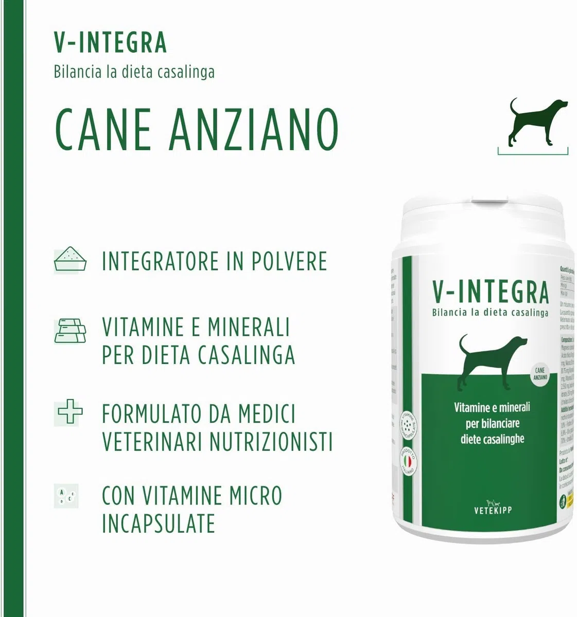 V-INTEGRA Cane Anziano 200g, Integratore Completo Ricco di Vitamine e Minerali per Dieta Casalinga e BARF, V Integra Multivitaminico Cane, Made in Italy
