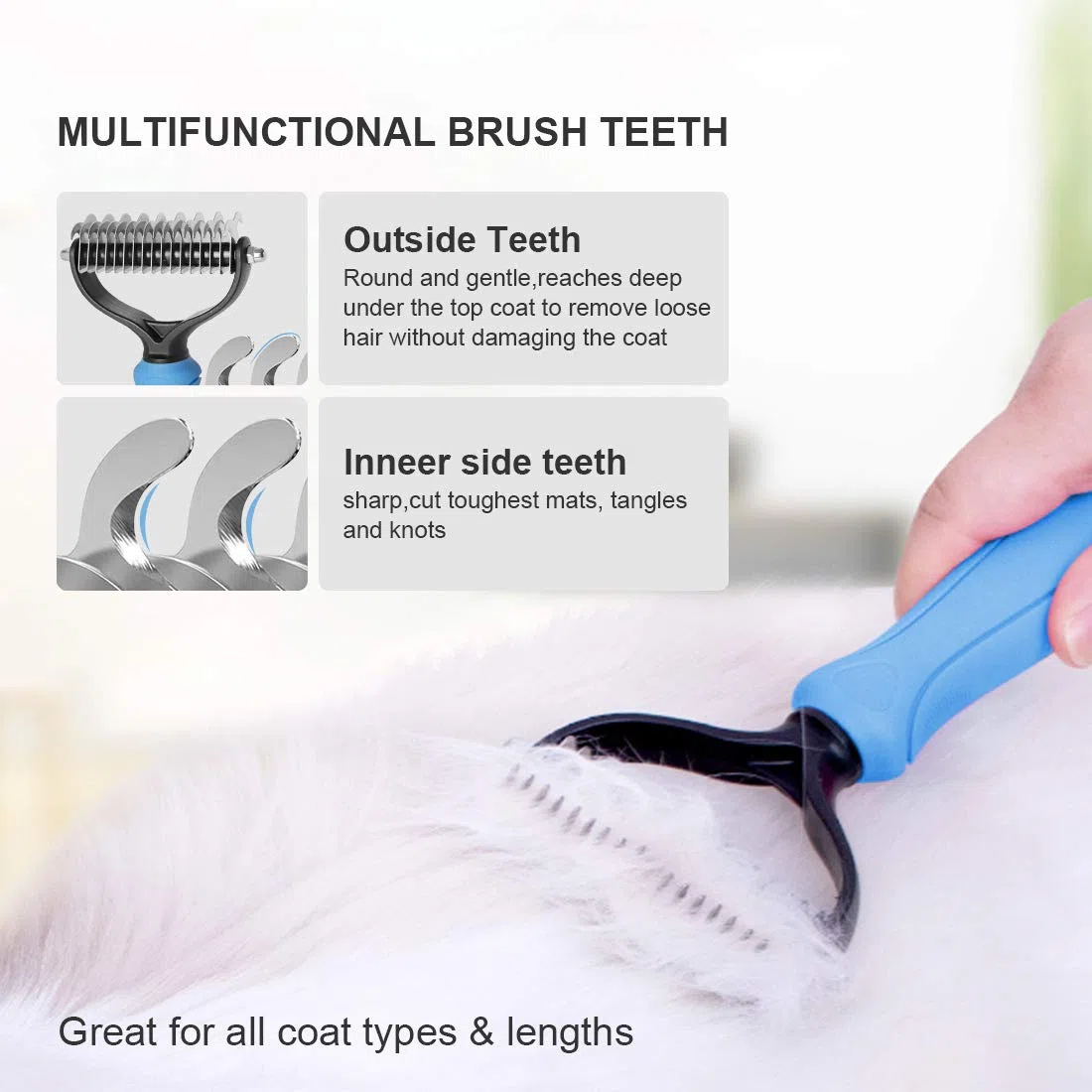 N/C Pettine per cani e gatti con 2 lati 9+17 denti, spazzola professionale per toelettatura animale domestico, rastrello per rimuovere efficacemente i nodi, blu