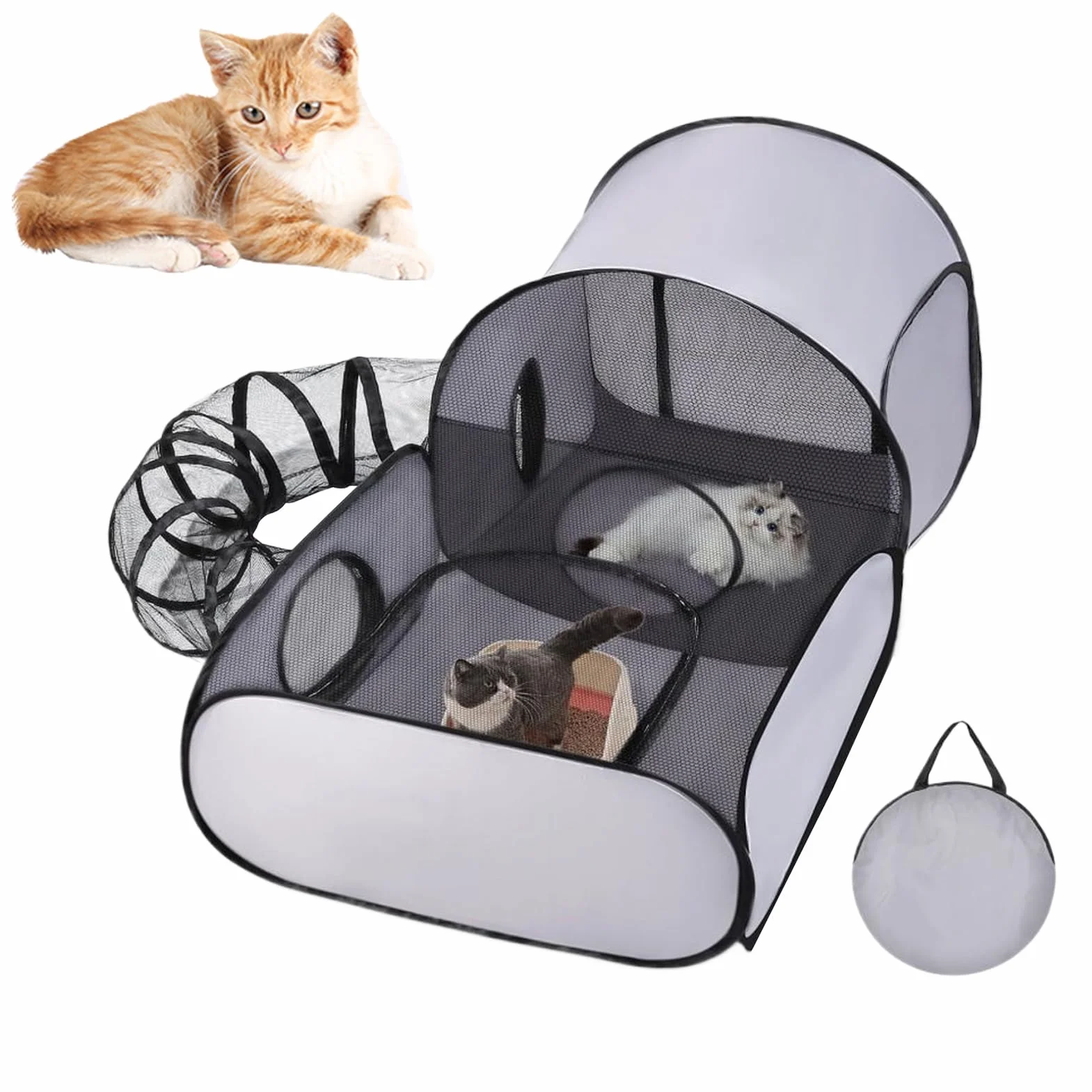 Box pieghevole per gatti con tunnel, tunnel per recinto per gatti, multifunzionale, con rete traspirante, portatile per animali domestici per interni ed esterni di piccoli animali