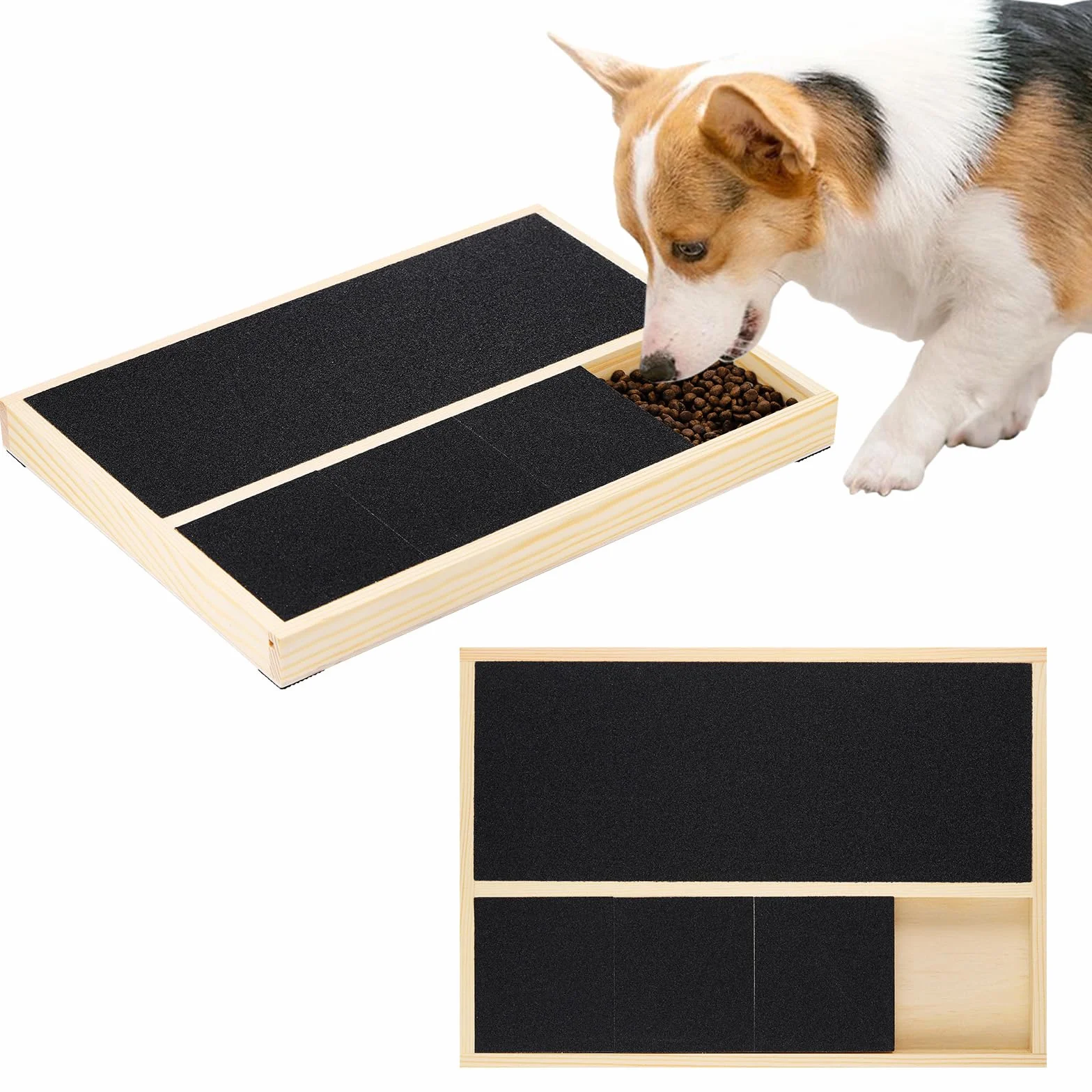 Starvortex Lima Unghie Cani, Tappetino Tiragraffi per Cane in Legno Multifunzione con Scatola di Spuntini Integrata, Tagliaunghie Cani Resistenti in Alternativa alle Tagliaunghie Elettrico, 35×25 ×3cm