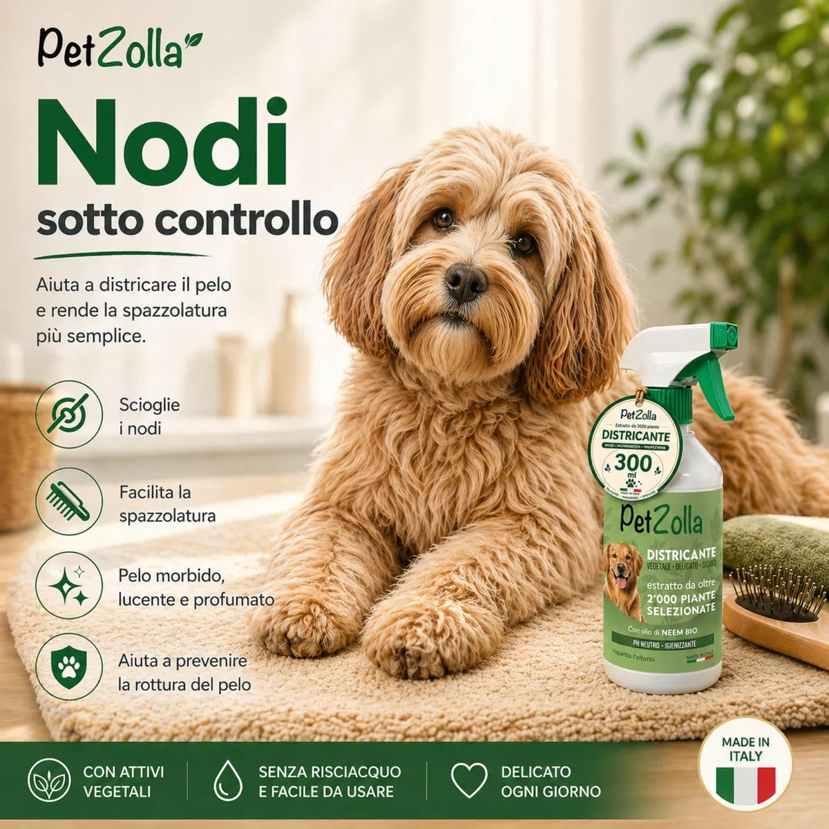 Spray districante sciogli nodi pelo cane 300 ml, Districante Pelo Cane con Olio di Neem Bio, Argan e Timo, protegge nutre ed igienizza, delicato ed efficacie, Made in Italy