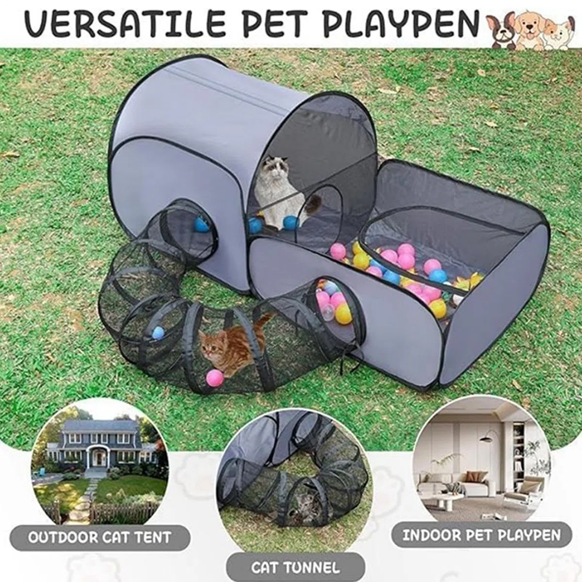 Box per gatti da esterno, a tunnel per gattini, recinzione pieghevole, giochi interattivi, giochi per gattini, cuccioli, piccoli animali, viaggi all'aperto