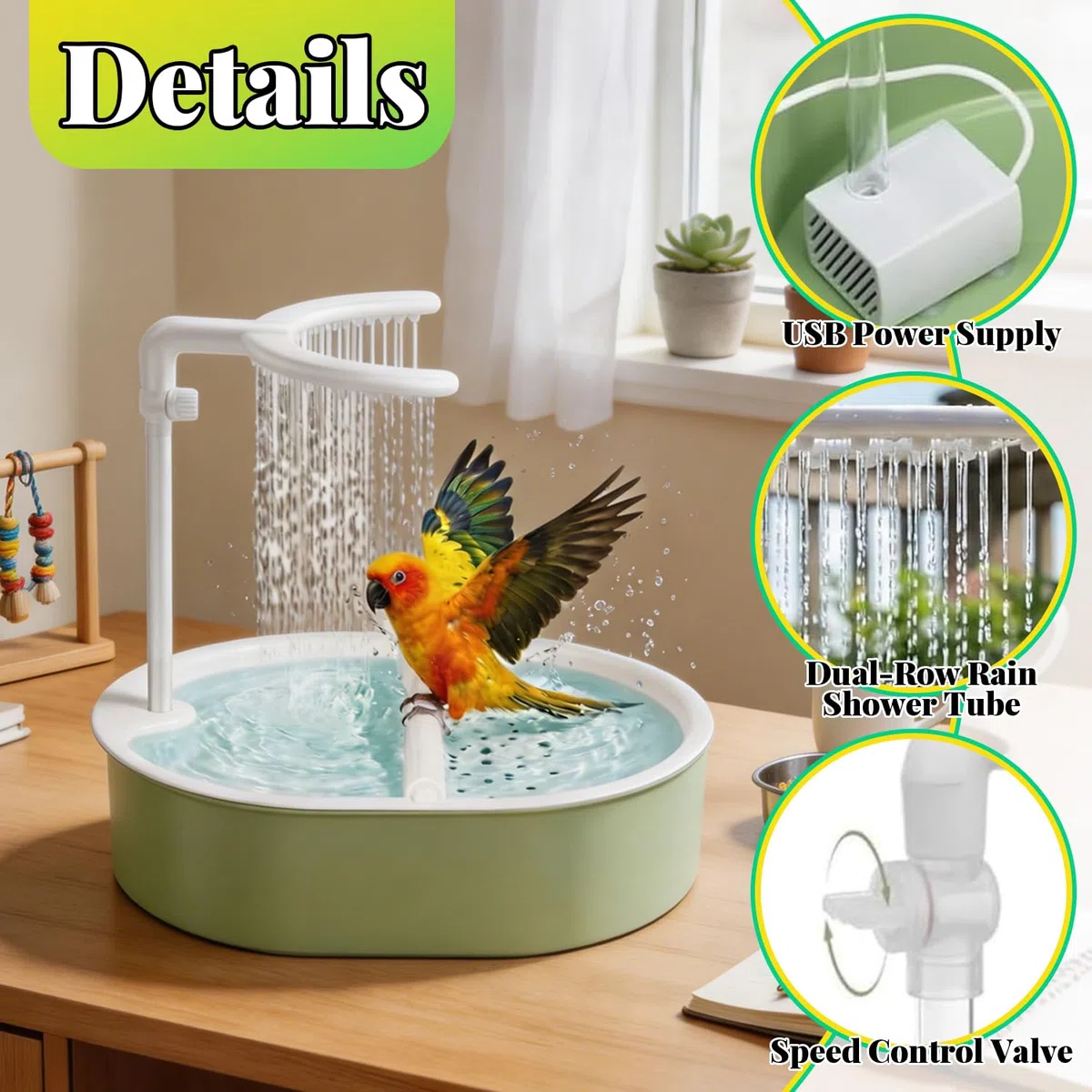 Vasca da Bagno Automatica per pappagalli, Doccia per Uccelli con Flusso d'Acqua Regolabile, Bagno Automatico per Uccelli, Doccia Automatica per pappagalli, per inseparabili, Uccelli Domestici