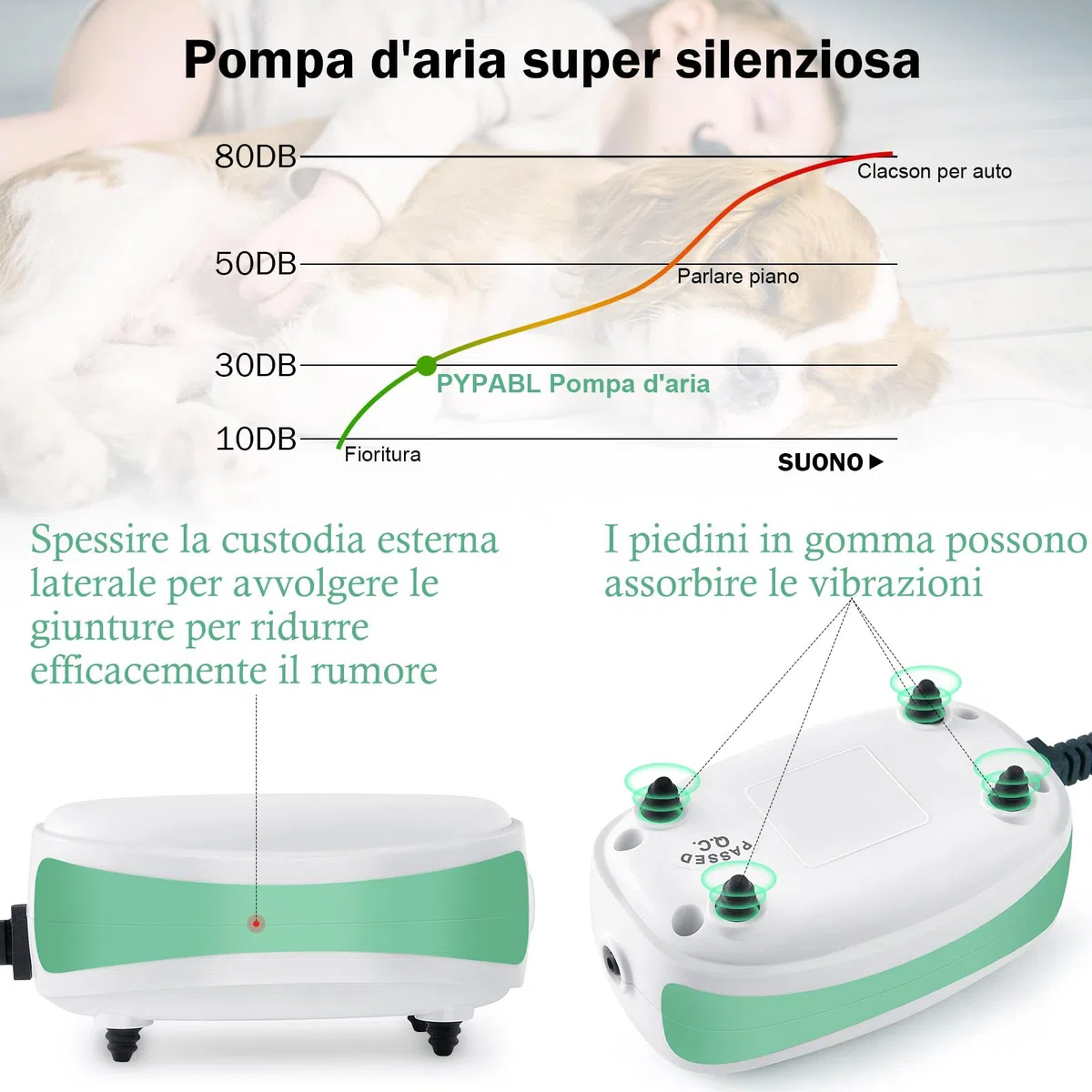 Ossigenatore Per Acquario Mini, Aeratore Silenzioso Per Acquario, Pompa di Ossigeno Silenziosa Con Uscita Singola e Accessori Per Acquario da 1 Litro 40 Litri